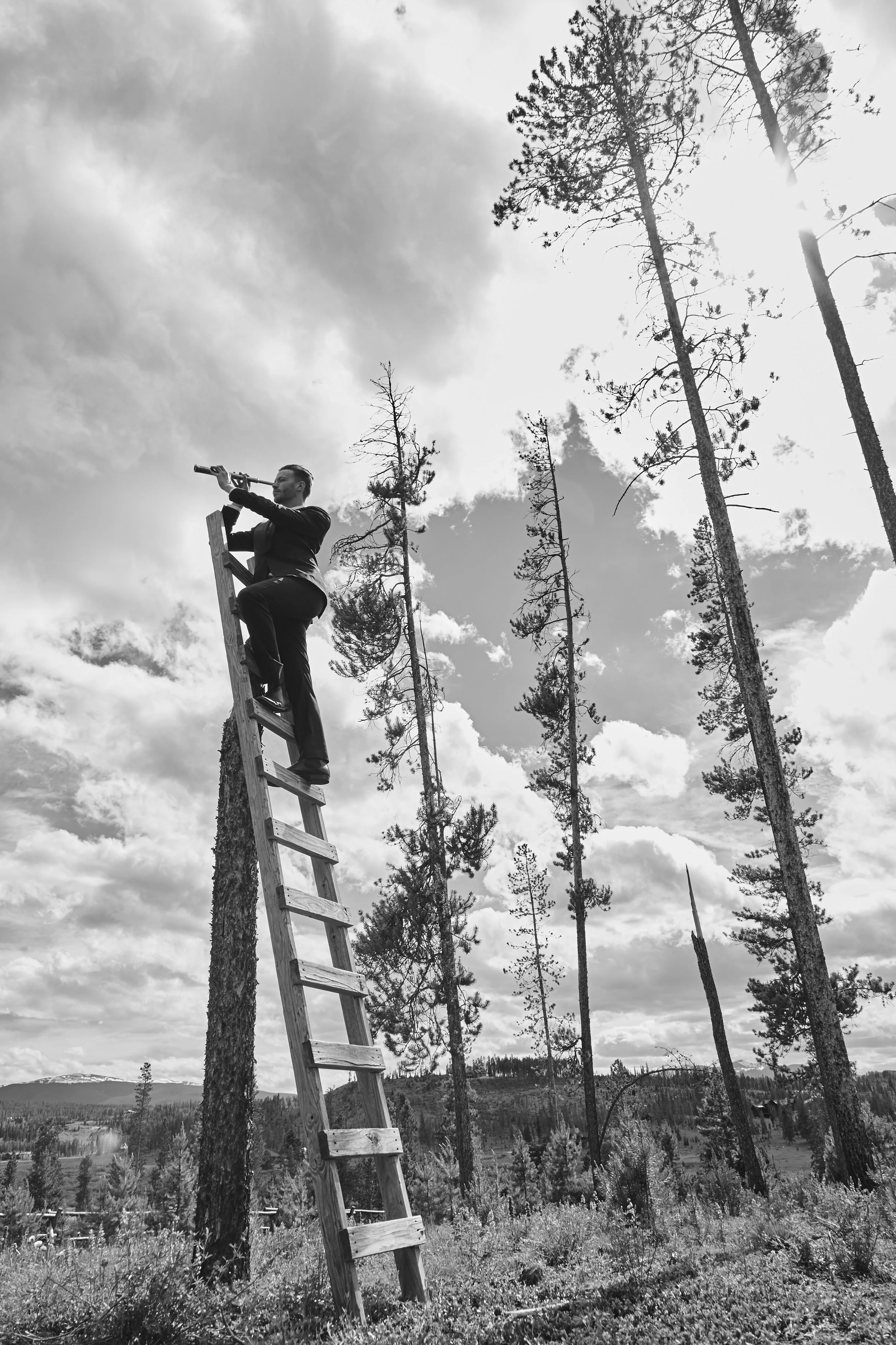 A man standing on a ladder leaning against a tall tree, playing a flute outdoors with a backdrop of mountains, trees, and a cloudy sky.