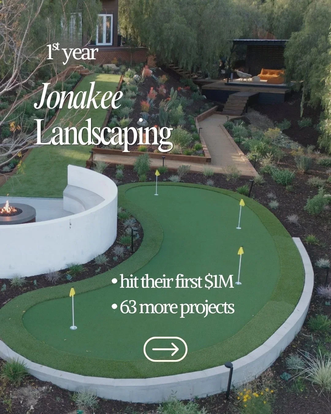 Client Case Study marketing results for the 1st year Jonakee Landscaping, hit their first $1M, and had 63 more projects