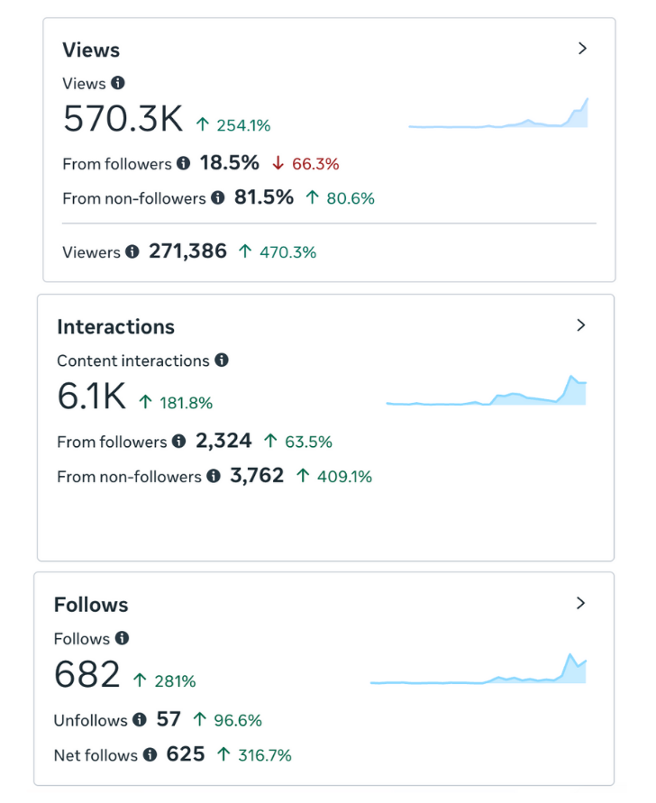 Client Case Study San Pedro Today's social media analytics dashboard showing increased views, interactions, followers, and net follows.