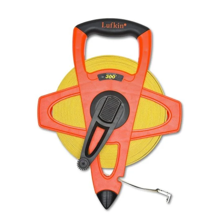 A tape measure with a yellow measuring tape and a red and black metal housing.