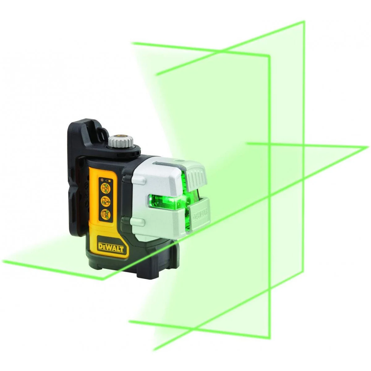 A laser level tool projecting green laser lines on a white background.