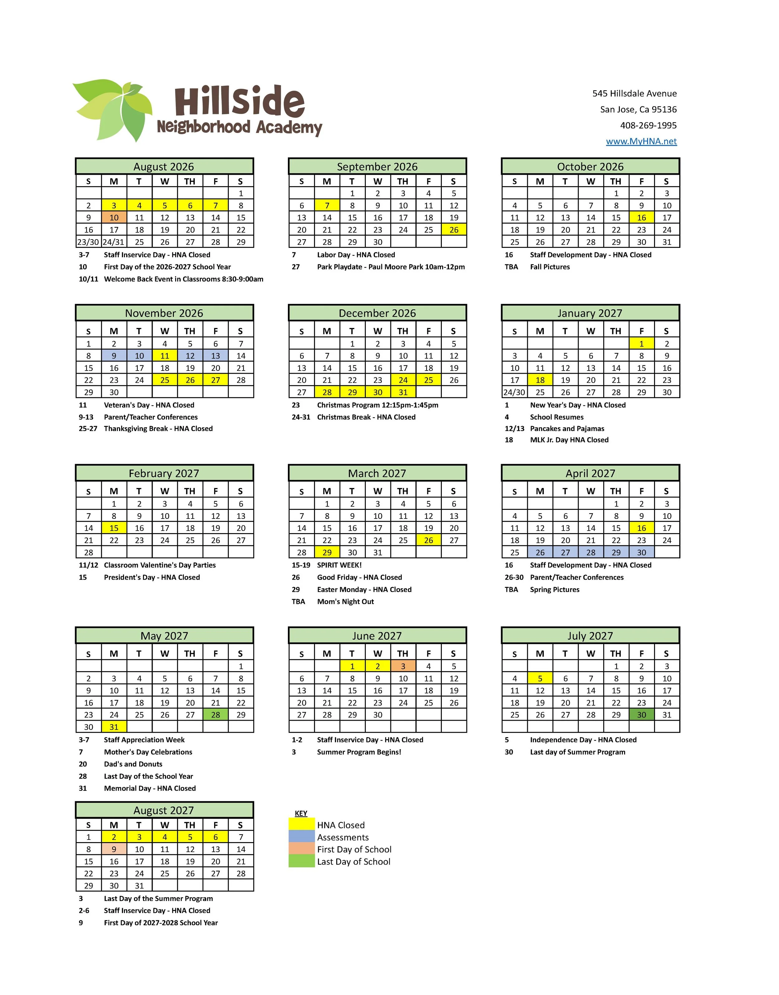A school calendar for Hillside Neighborhood Academy from August 2026 to July 2027. It highlights holidays, breaks, and important events with color-coded legend.