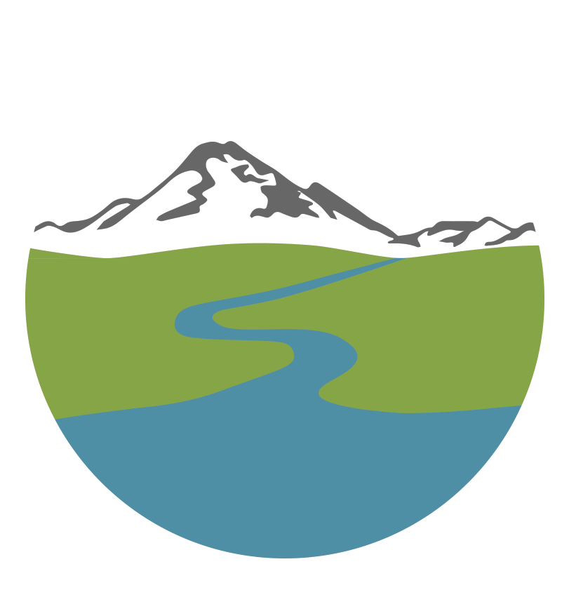 Graphic illustration of a mountain with snow, a green landscape, and a winding blue river, encased in a circular border.