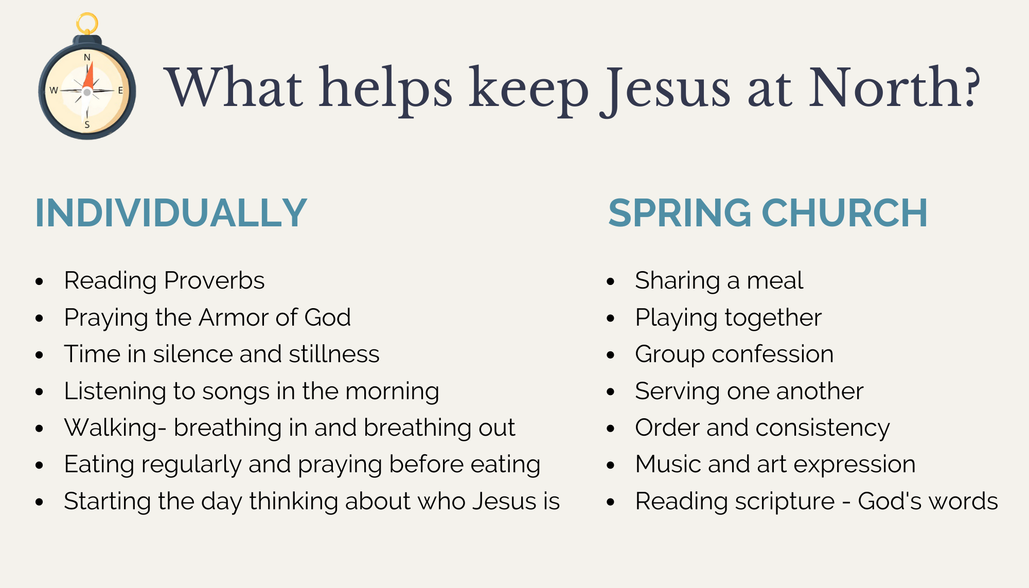 A list generated by folks at Spring Church during our interactive worship service to identify how Jesus is kept as North both individually and as a worshipping community.