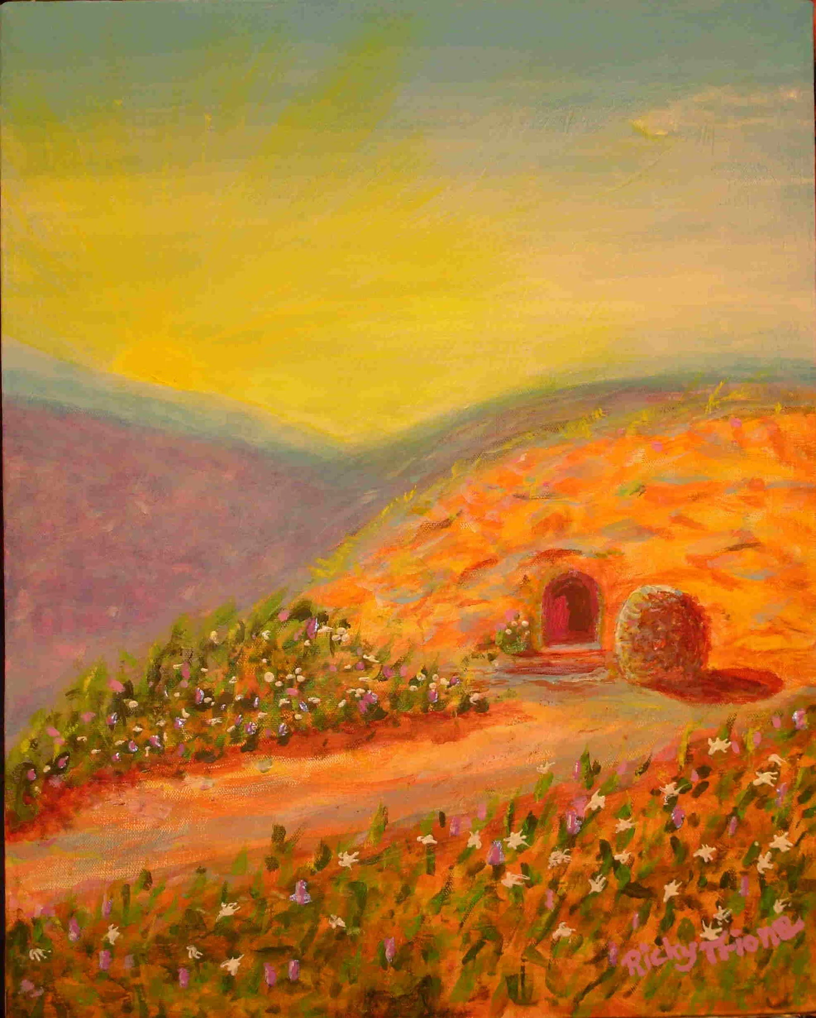 Painting by blind artist, Ricky Trione, of his impression of what the empty tomb of Jesus might have looked like over 2,000 years ago.