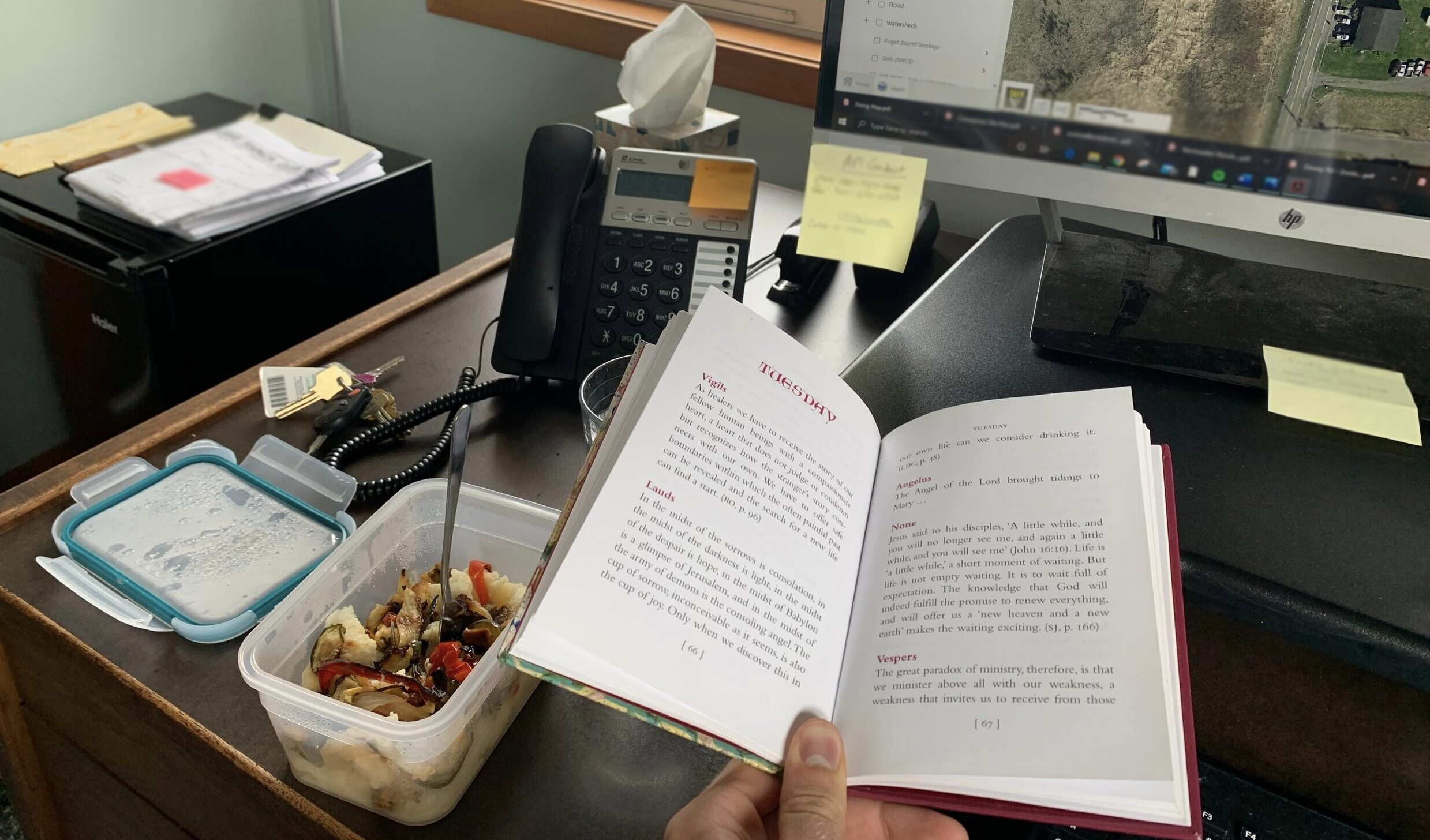 Lunch break at work reading from the “Book of Hours,” which contains writings from Henri Nouwen, a Catholic priest and influential writer.