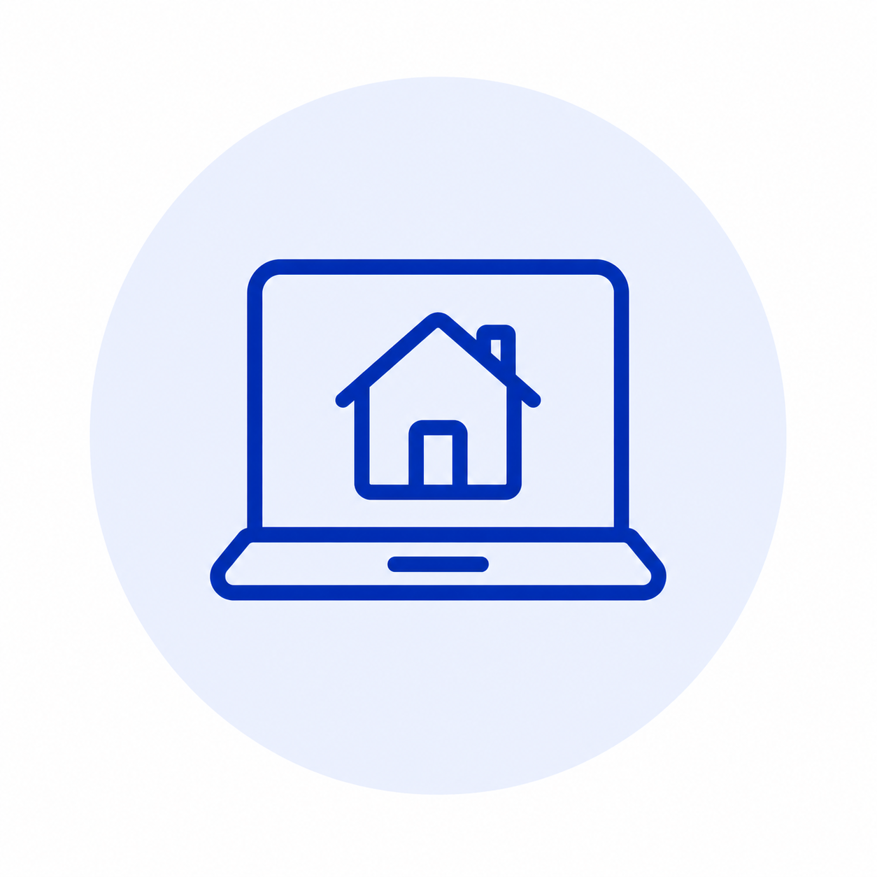Een blauwe lijntekening van een laptop met een huis op het scherm, afgebeeld tegen een lichte, ronde achtergrond.