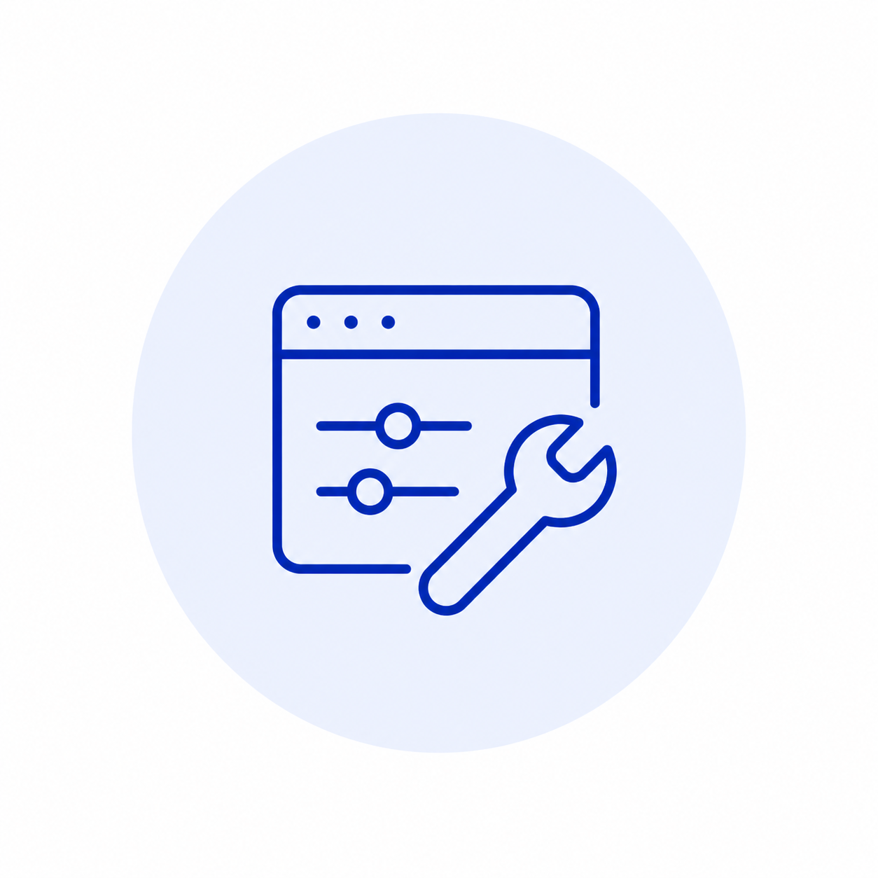 Een pictogram van een webbrowservenster met bedieningsregelaars en een moersleutel, symbool voor websiteonderhoud of technische instellingen.