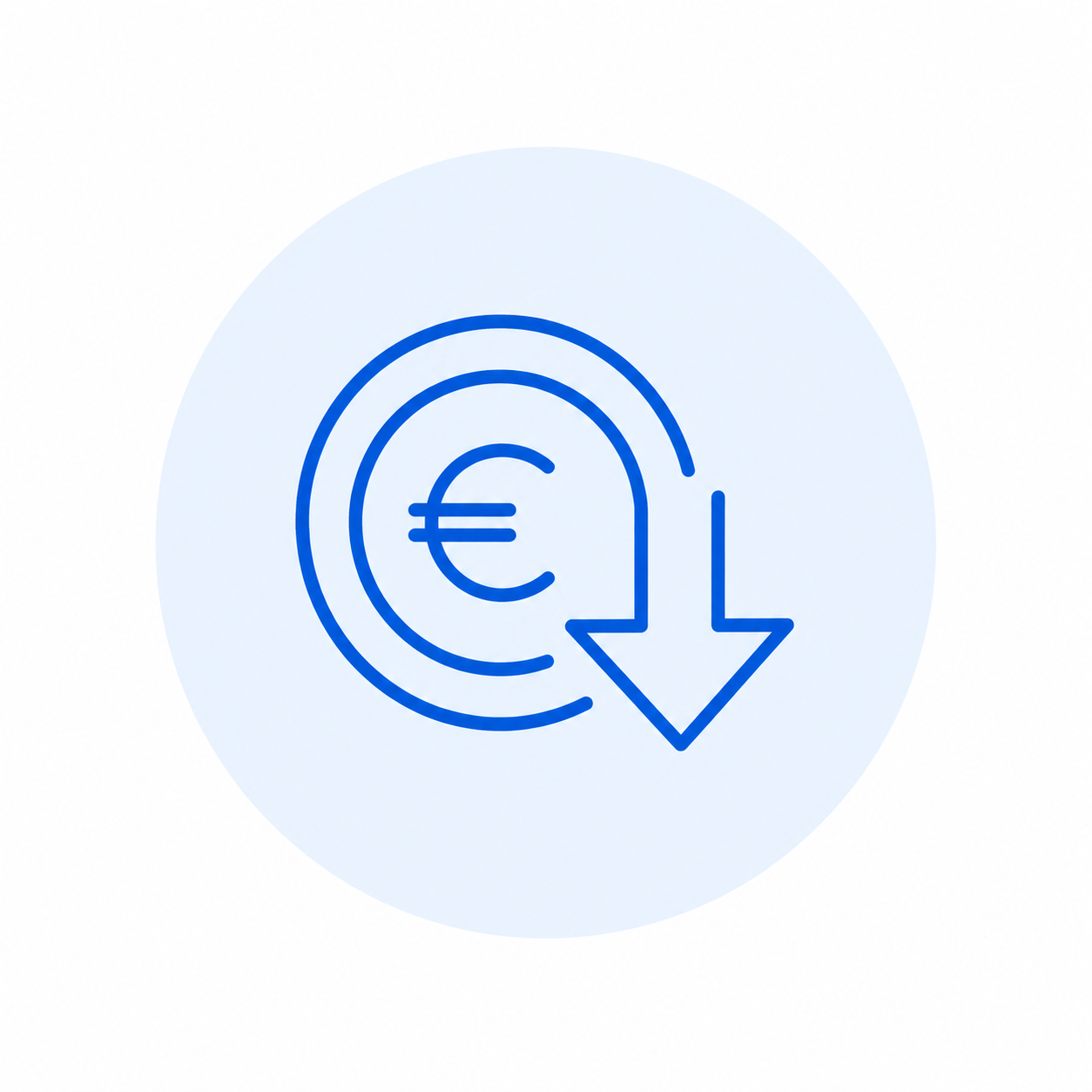 Een blauw pictogram van een euroteken met een pijl die naar beneden wijst, symboliseert geld terug of besparingen.