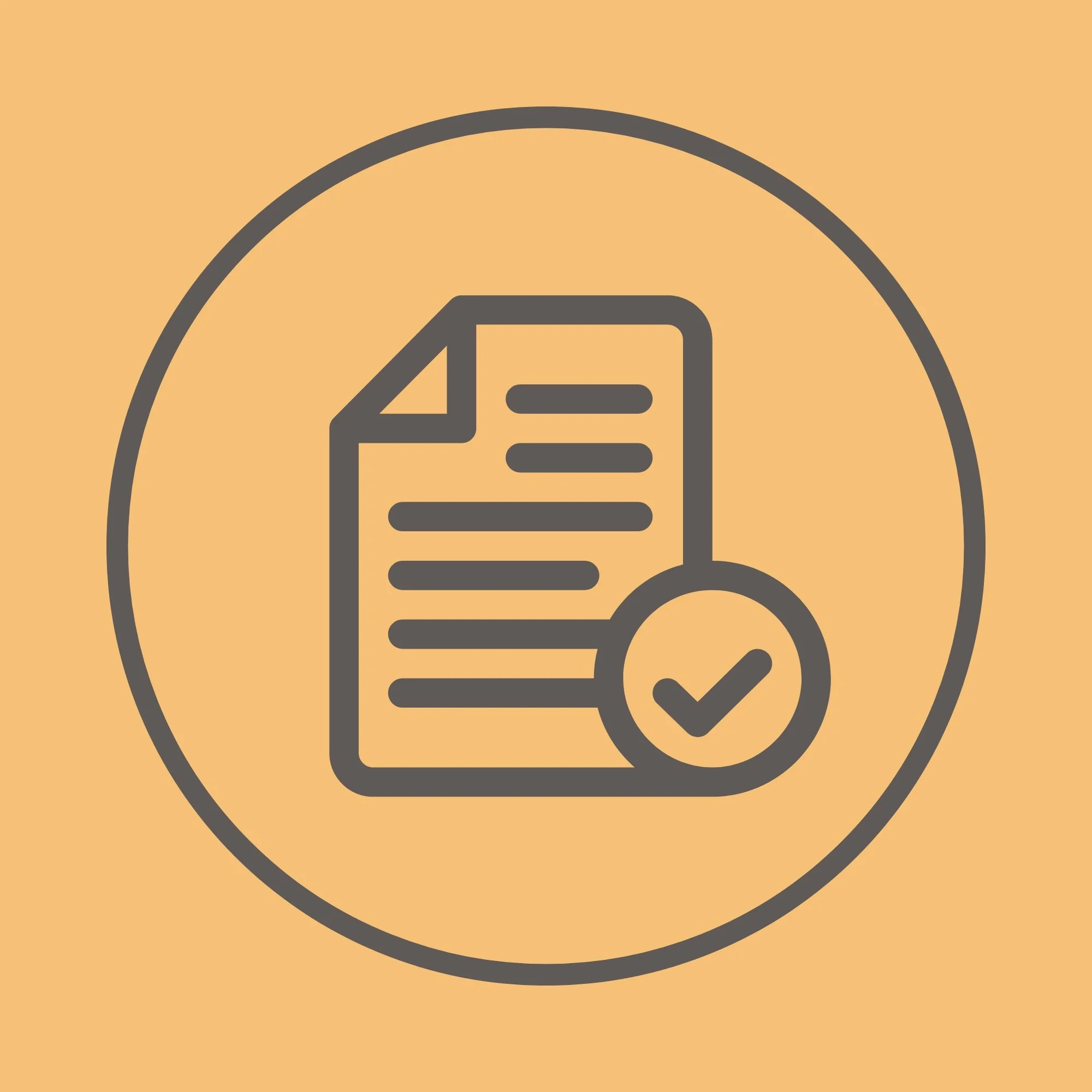 Minimalistic, gray icon of a paper document with horizontal lines and a checkmark inside a circle.