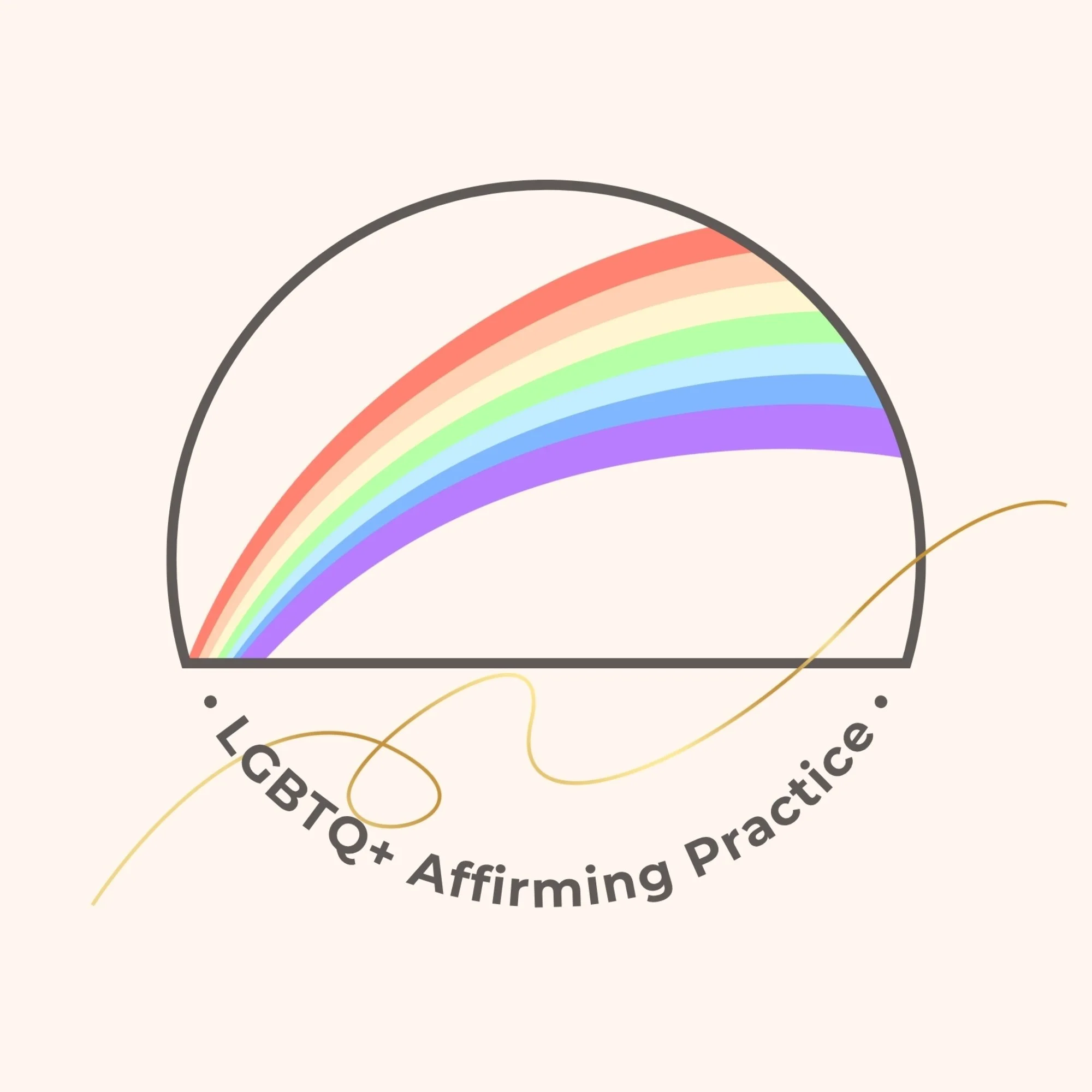 A graphic with a rainbow and text that reads "LGBTQ+ Affirming Practice".