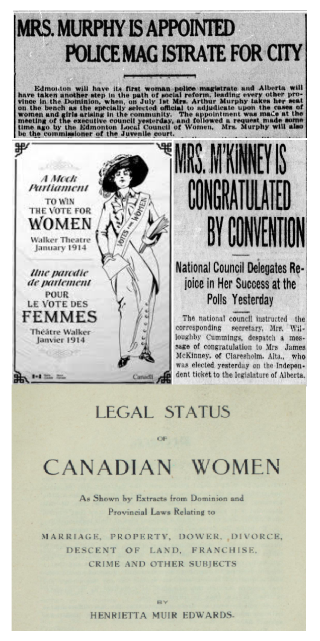 Historical newspaper page from 1914 featuring articles about Mrs. Murphy's appointment as city police magistrate, Mrs. McKinney's congratulation by convention, and a legal document on Canadian women's legal status.