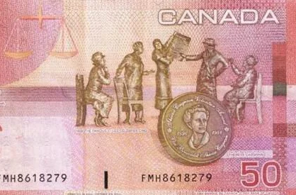 A Canadian 50-dollar banknote featuring people sitting and interacting, with a large portrait of Queen Elizabeth II in the center and the word 'CANADA' at the top.