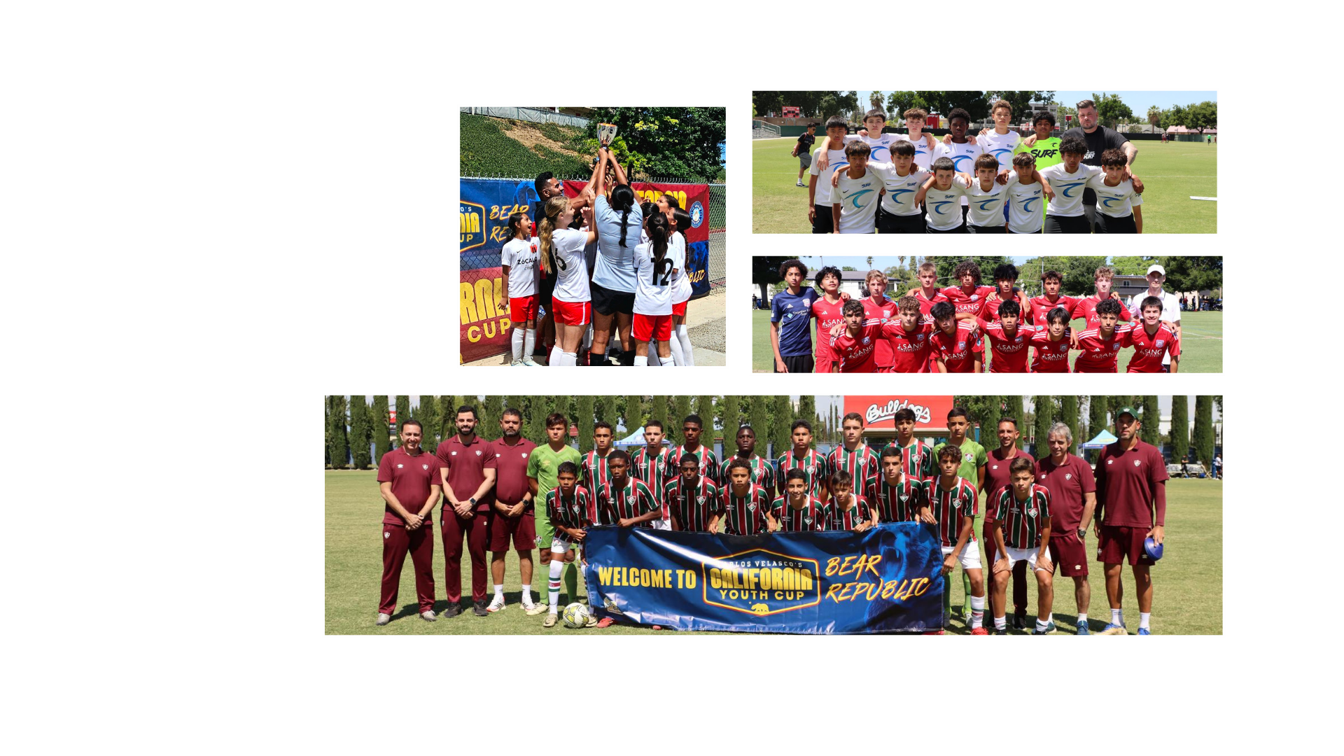 Group photos of youth soccer teams with coaches celebrating their victories, holding banners at a soccer field.