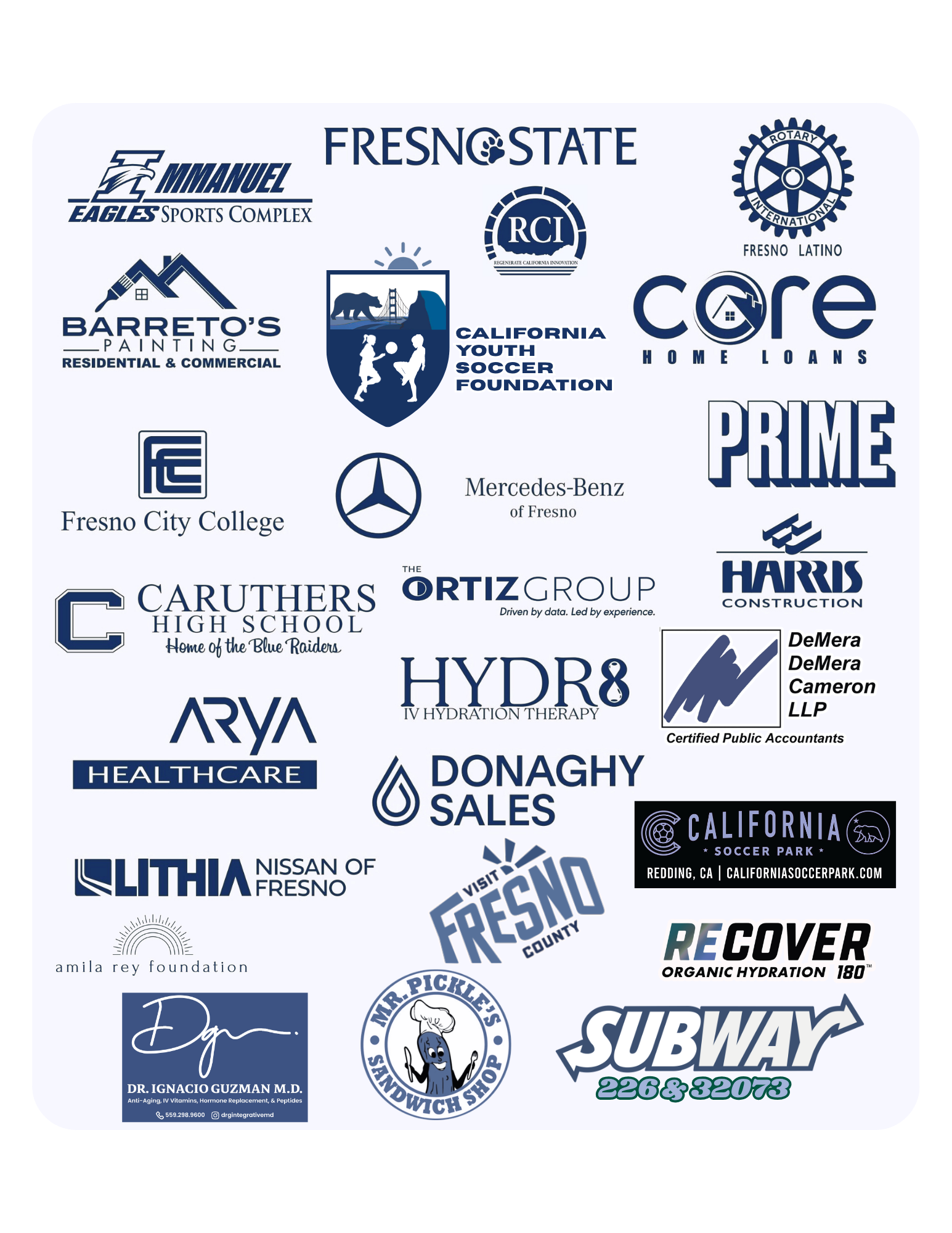Collection of various local business logos and community sponsorships related to Fresno, California, including sports, construction, healthcare, auto, and nonprofit organizations.