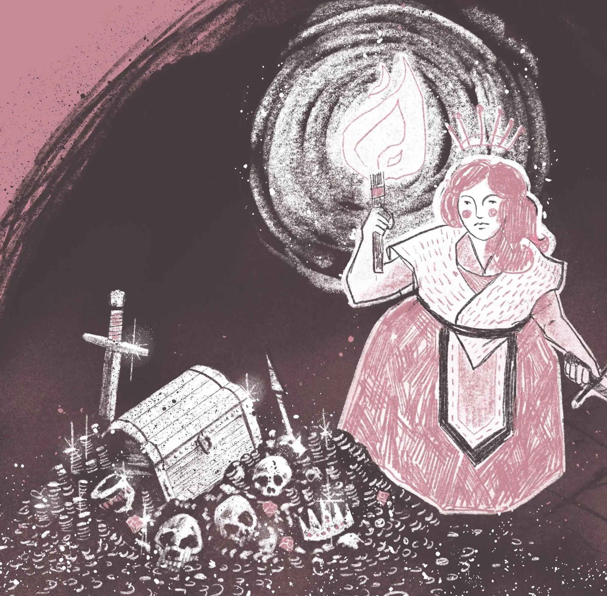 An illustration of an adventuring princess in a dark dungeon. She holds a lit torch as she examines a pile of treasure.