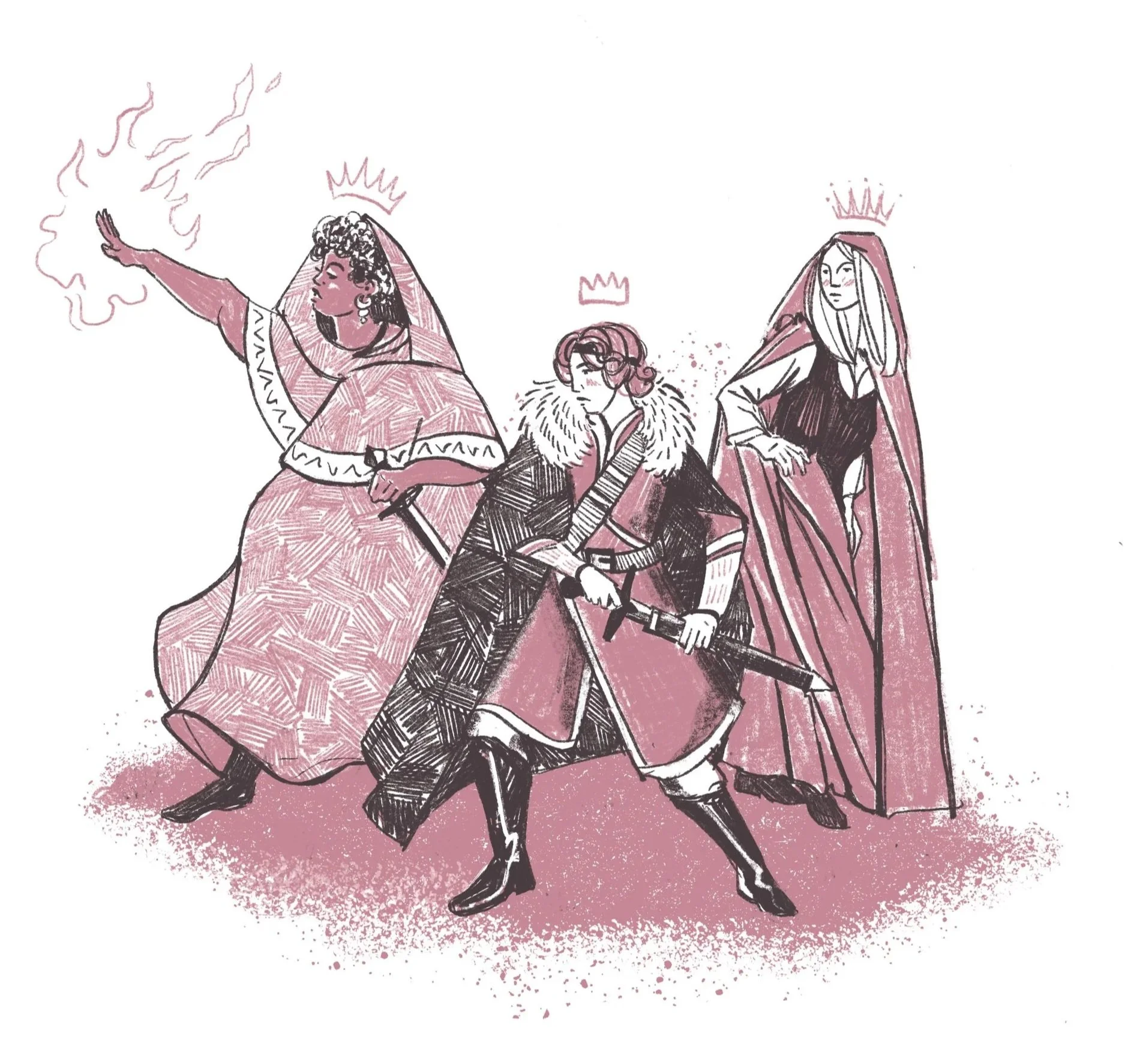 Drawing of three women dressed as queens, each wearing a crown. The woman on the left has curly hair and is casting a spell with her hand, with magical energy around her fingers. The woman in the center has short hair with a fur collar, holding a sword, with a playful expression. The woman on the right has long hair and is standing confidently with her hand on her hip, wearing a long cloak.