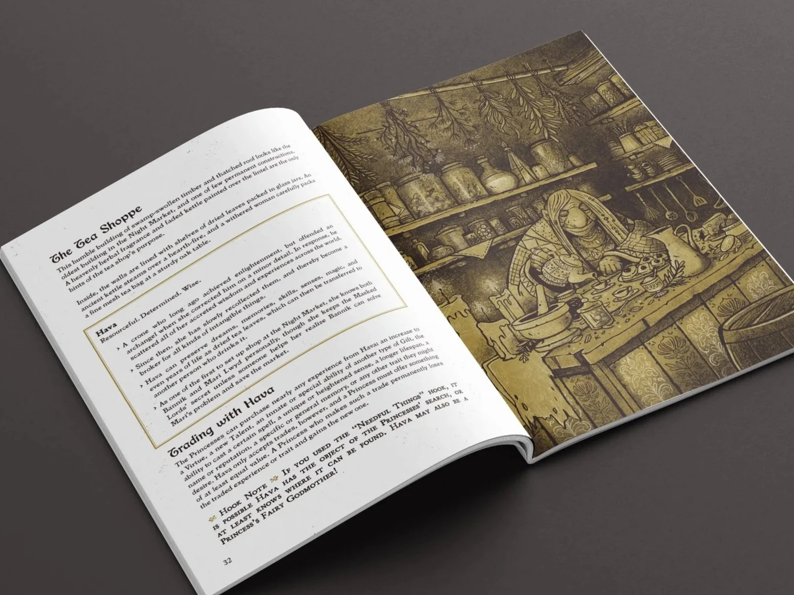 An open book with a two-page spread, showing a text about a shop and an illustration of an old fae witch resting at a kitchen table surrounded by jars and kitchen items.