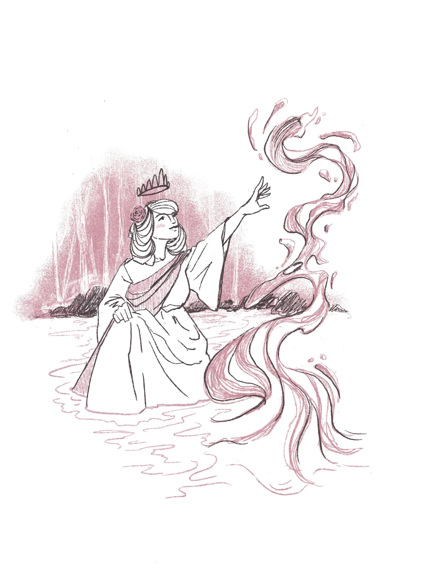 wearing a crown and a veil, extending her hand to conjure or control swirling, misty tendrils of water in front of her. 