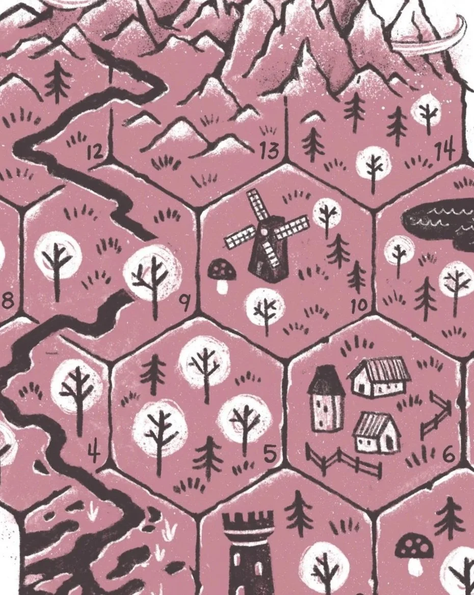 A stylized TTRPG map with numbered hexagons depicting landscape features like trees, houses, a windmill, a castle tower, a lake, and roads in a pink color scheme.