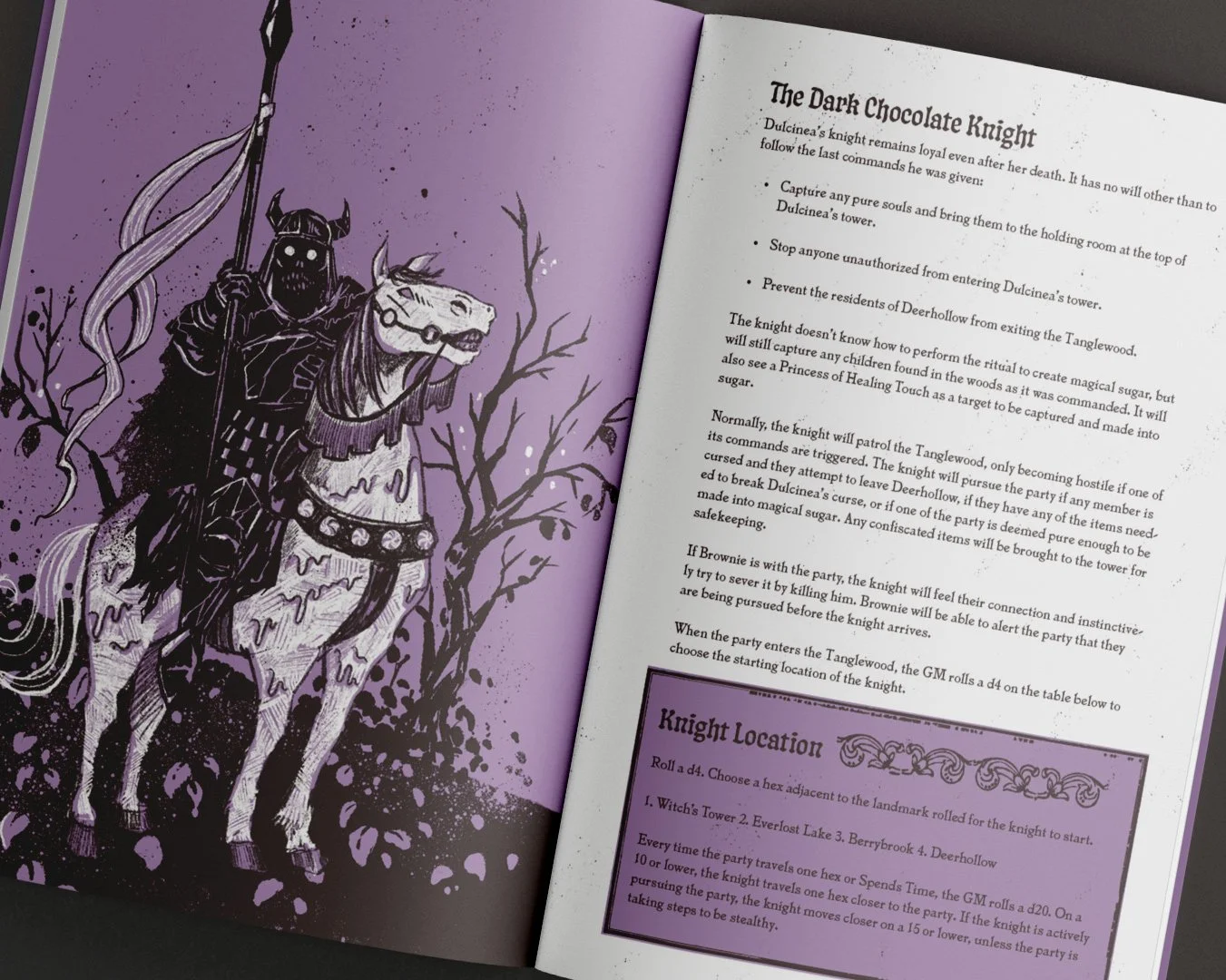 A black and white illustration of a dark knight riding a horse with a purple background, next to a page of text from Sweet Revenge
