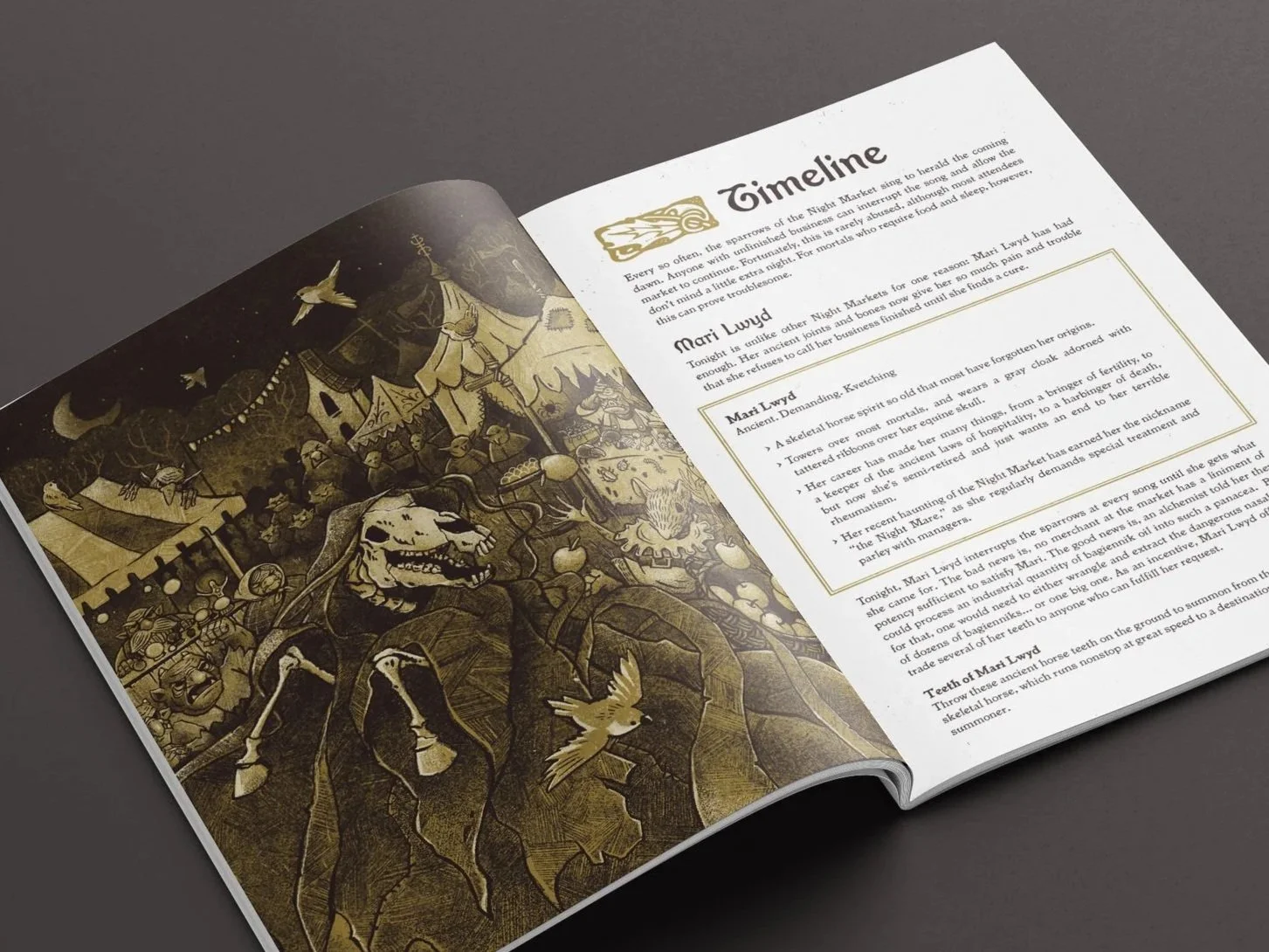 Open book with a black and gold illustration of a fantasy-themed scene on the left page and a written story titled 'Timeline' with a section about 'Mari Lwyd' on the right page.