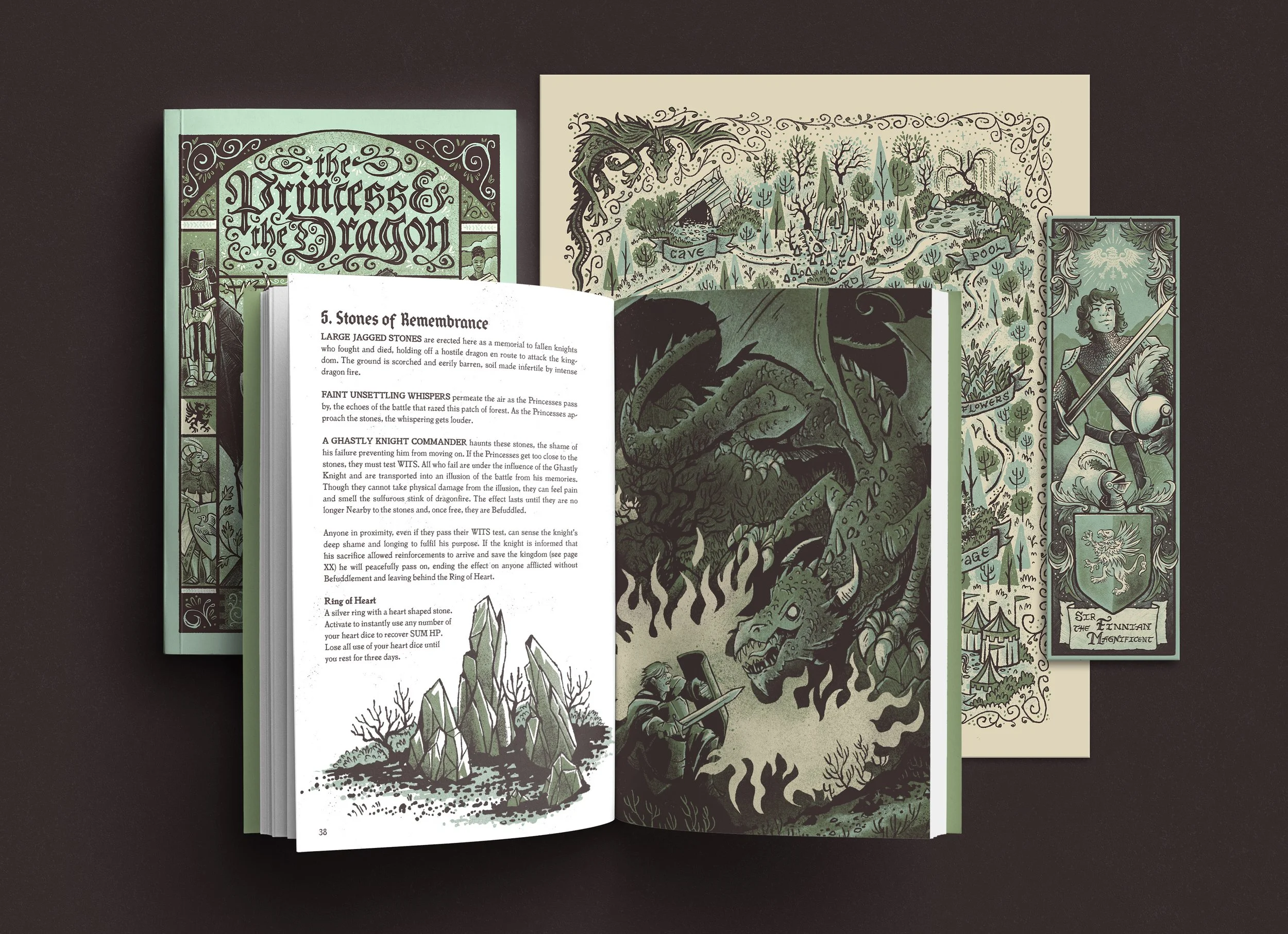 Open book and illustrated posters with fantasy scenes and text on a black background.
