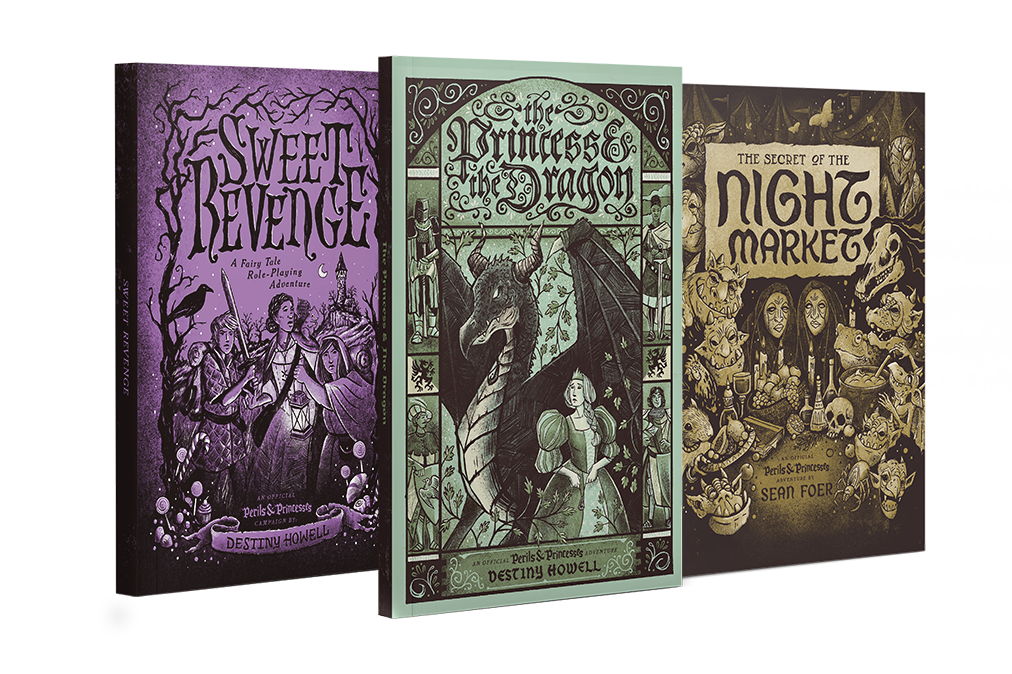 Three book covers: 'Sweet Revenge' with three adventurers 'The Princess and the Dragon' with a princess and a dragon, and 'The Secret of the Night Market' with various characters and creatures.
