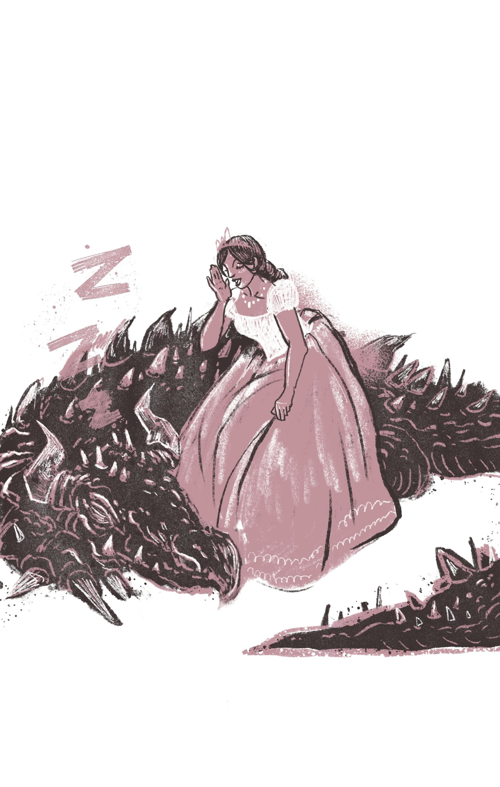 A princess with a crown whispering to a large dragon with scales and spikes, wearing a long pink dress.