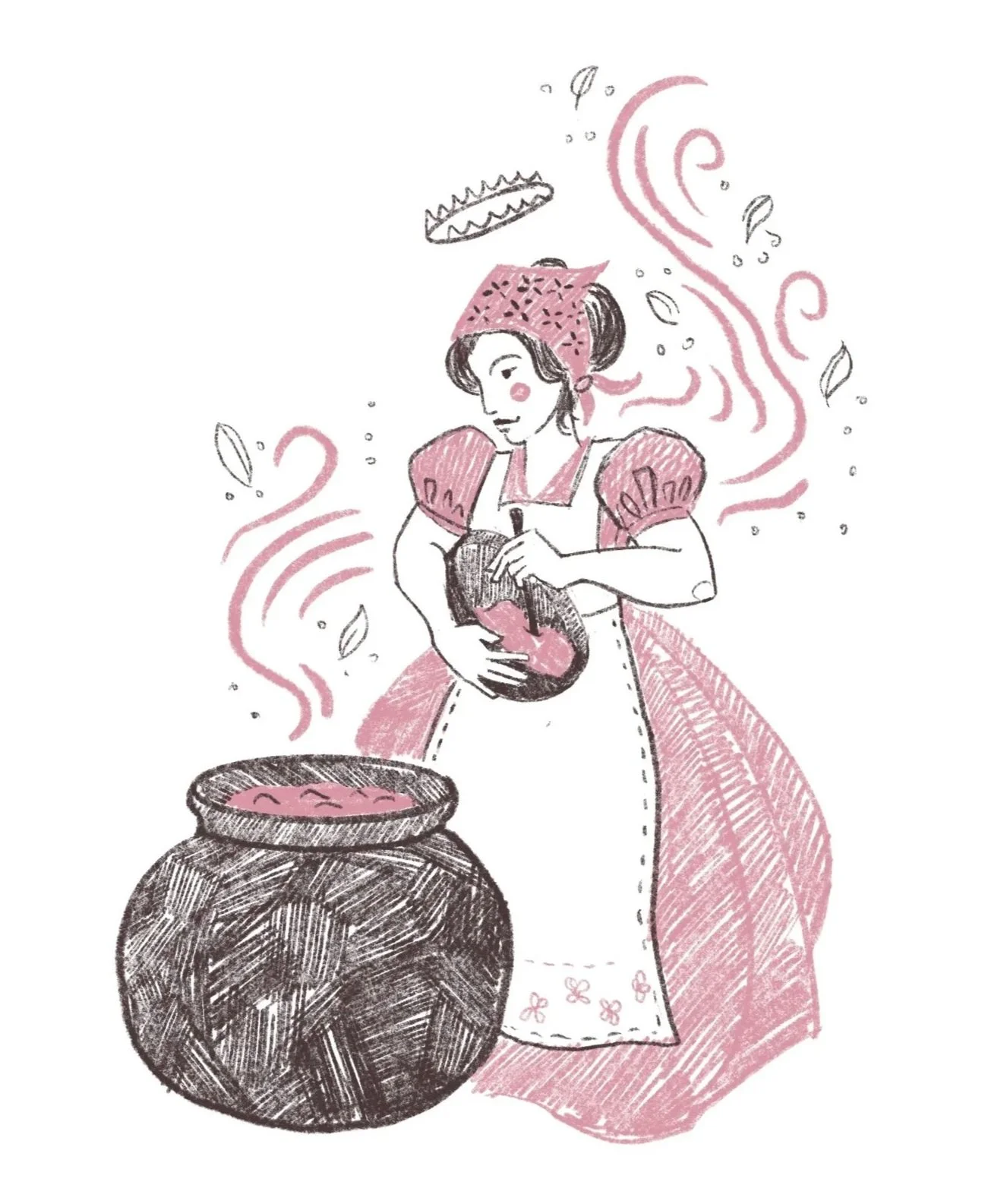 Illustration of a woman in traditional dress stirring a large pot, with steam and herbs rising, and a jar nearby.
