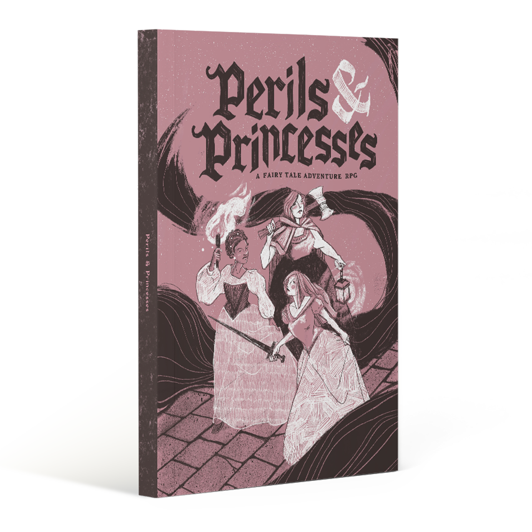 Book cover titled "Peril & Princesses" with an illustration of three women holding lanterns and a sword, with swirling dark lines and a pinkish background.