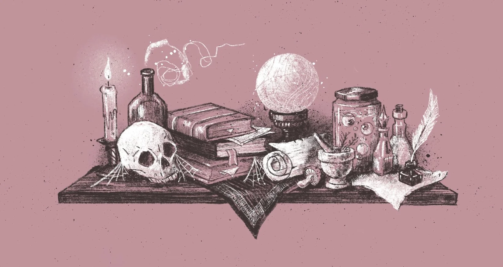 A spooky, witchcraft-themed tabletop scene with a skull, candle, books, a crystal ball, potion jars, a mortar and pestle, quill, ink bottle, and a scroll set against a pink background.