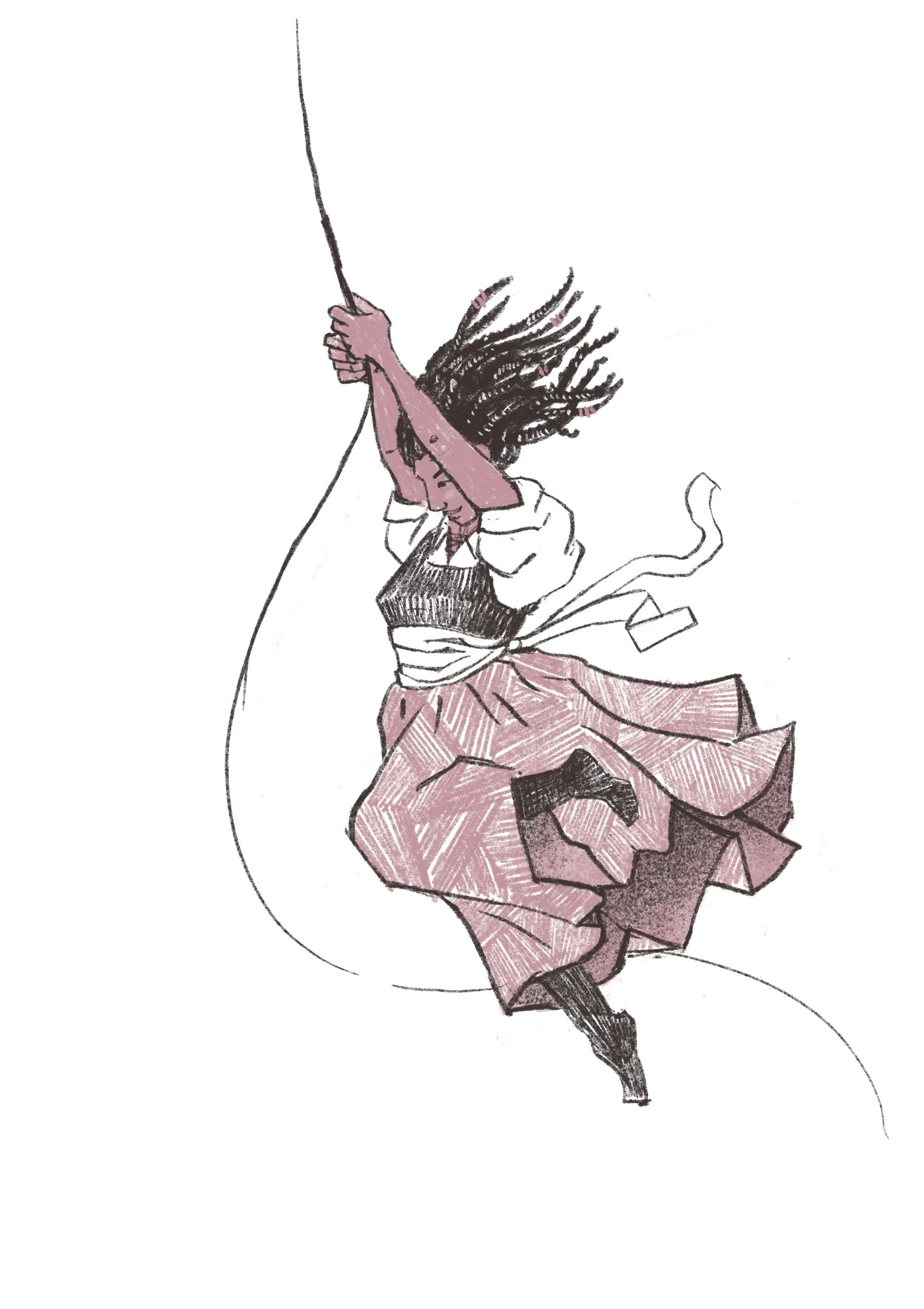 A swashbuckling princess with long locks swinging from a rope. 