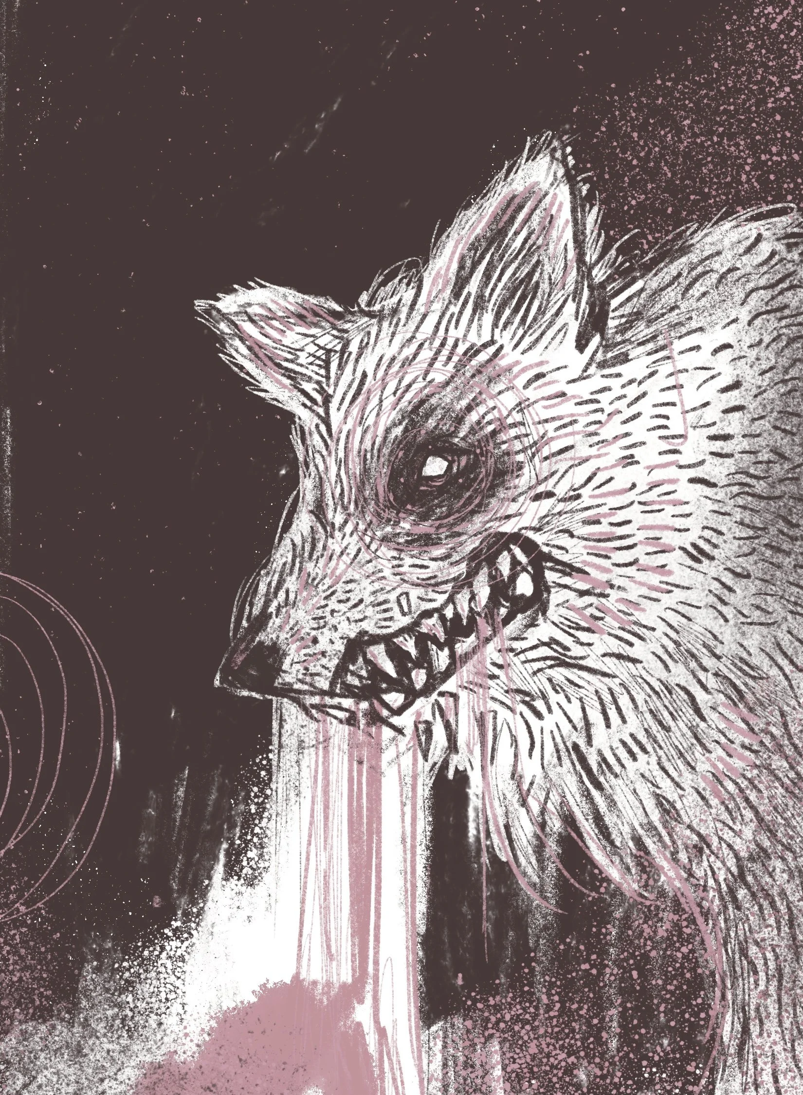 A stylized drawing of a wolf's head with pink, white, and black details, splattered and textured for a dramatic effect.