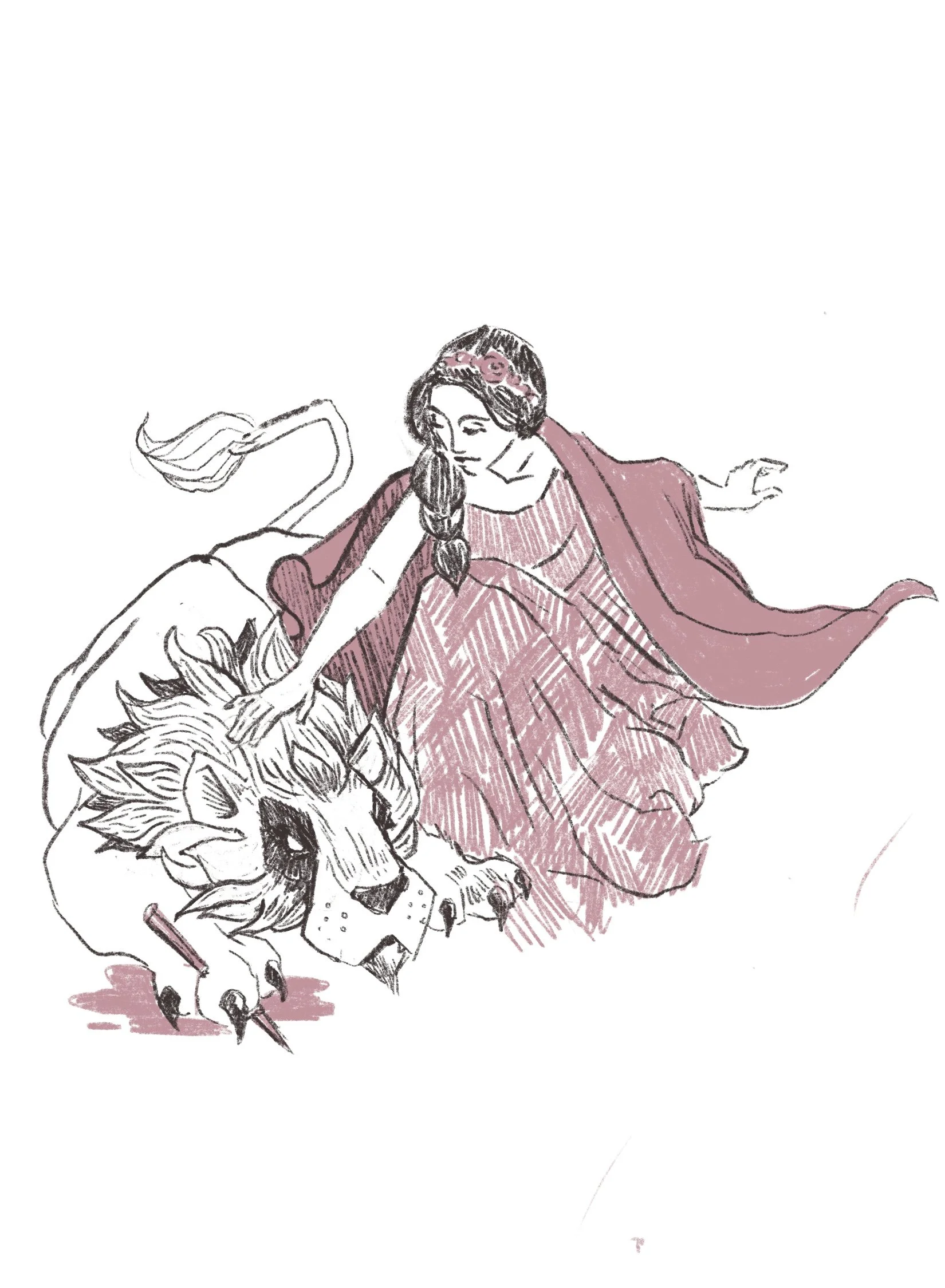 A woman with long hair in a braid, wearing a floral headband and a flowing dress, reaches out to heal a lion. 