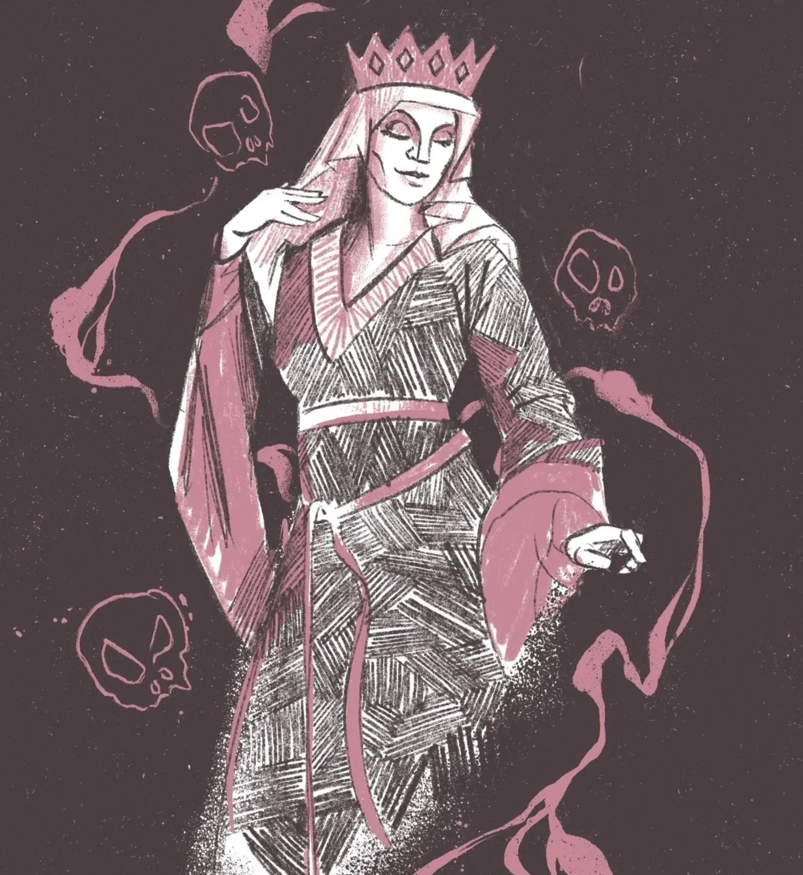 Sketch of an evil queen wearing a crown, surrounded by three skulls, all drawn with pink and black lines on a black background.