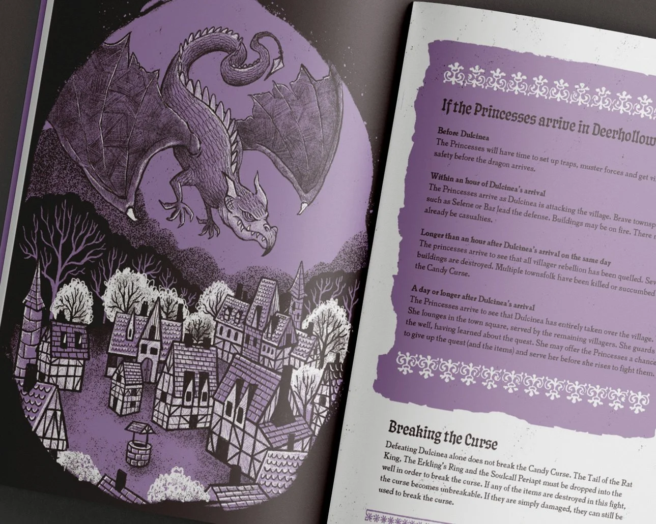 Book page with purple themed illustration of a dragon flying above a village of houses and trees, accompanying text from Sweet Revenge.
