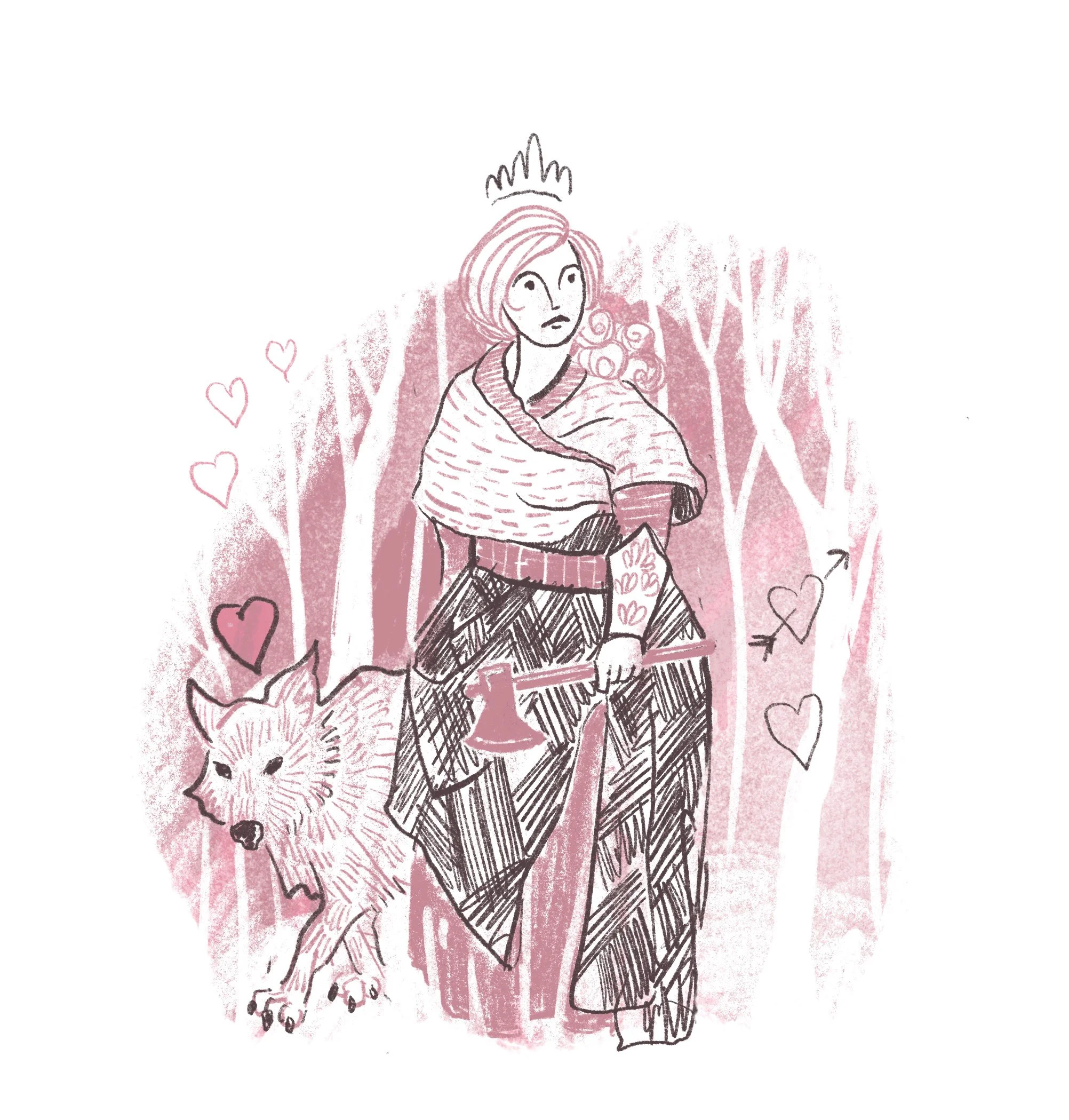Illustration of a woman with pink hair, wearing a crown, with a wolf at her feet. The background is pink with small hearts and decorative elements.