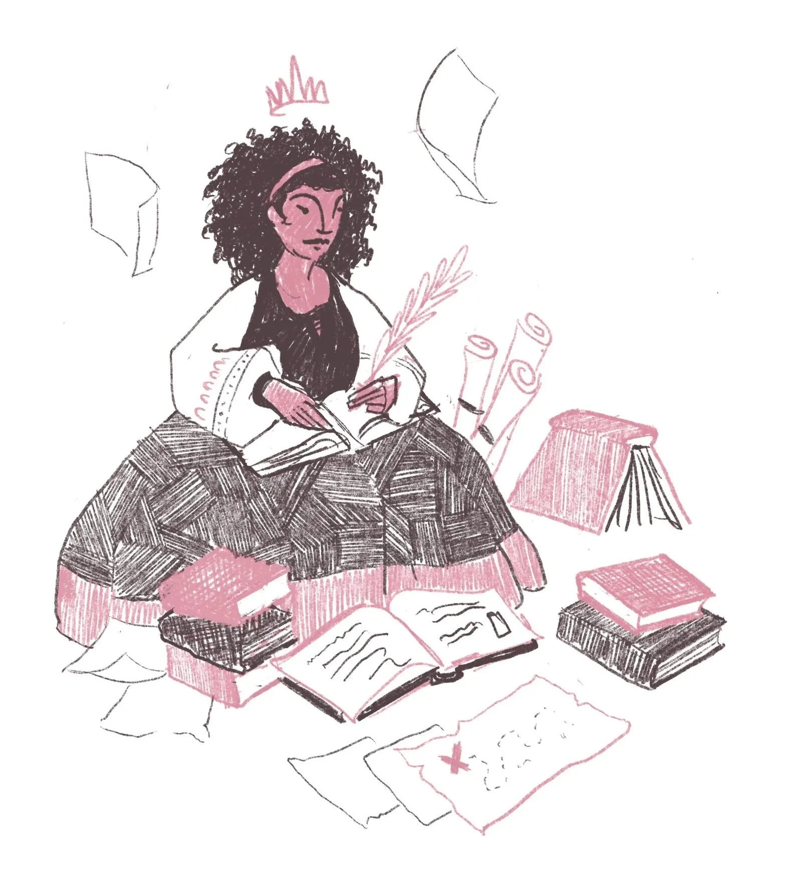 Illustration of a young woman with curly hair wearing a crown, sitting cross-legged surrounded by books, papers, and writing supplies.