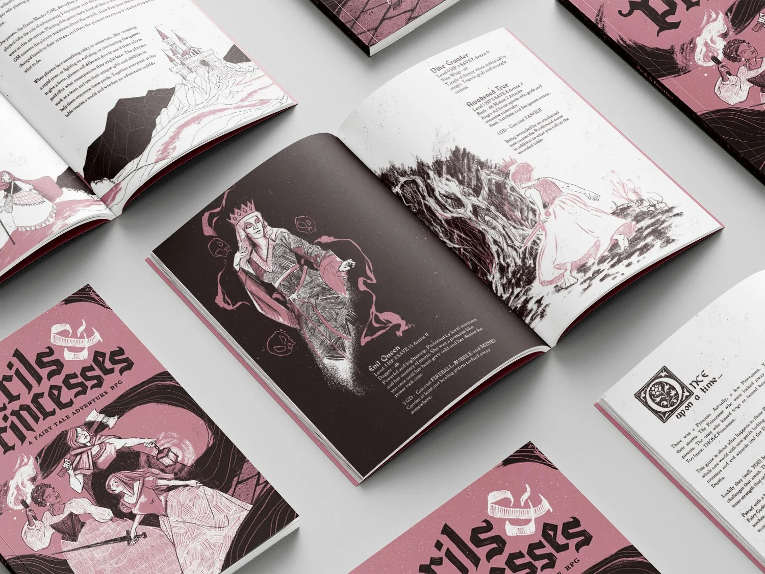 Open Perils & Princesses books  with illustrations of characters like a queen and a fairy-tale scene, featuring pink, black, and white colors.