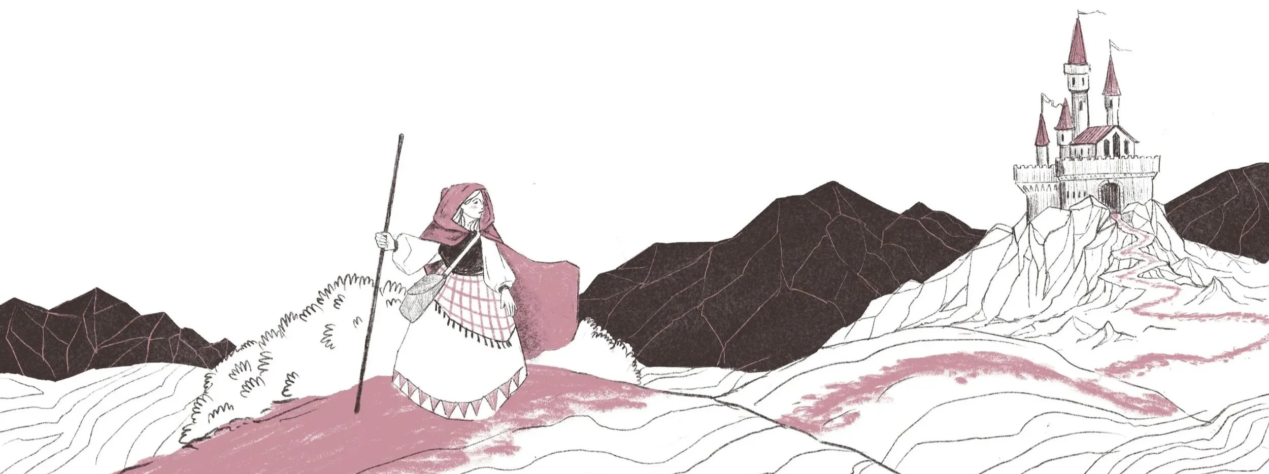 A girl wearing a pink hooded cape, white dress with pink accents, holding a staff, stands on a pink mountain with a castle on a hill in the background.