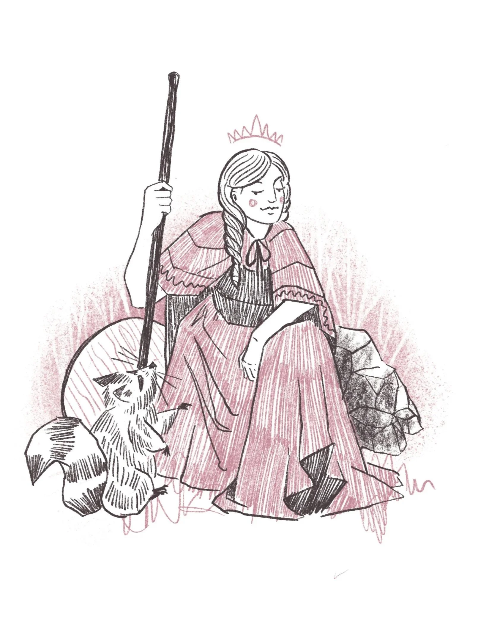 A hand-drawn illustration of a princess sitting on a rock looking down to a friendly raccoon. She is wearing a crown and holding a walking stick. 