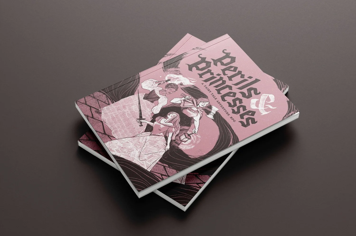 Two stacked books with pink and black fantasy-themed cover art featuring three female characters, one holding a sword, another with a torch, and the third wielding an axe and lantern.