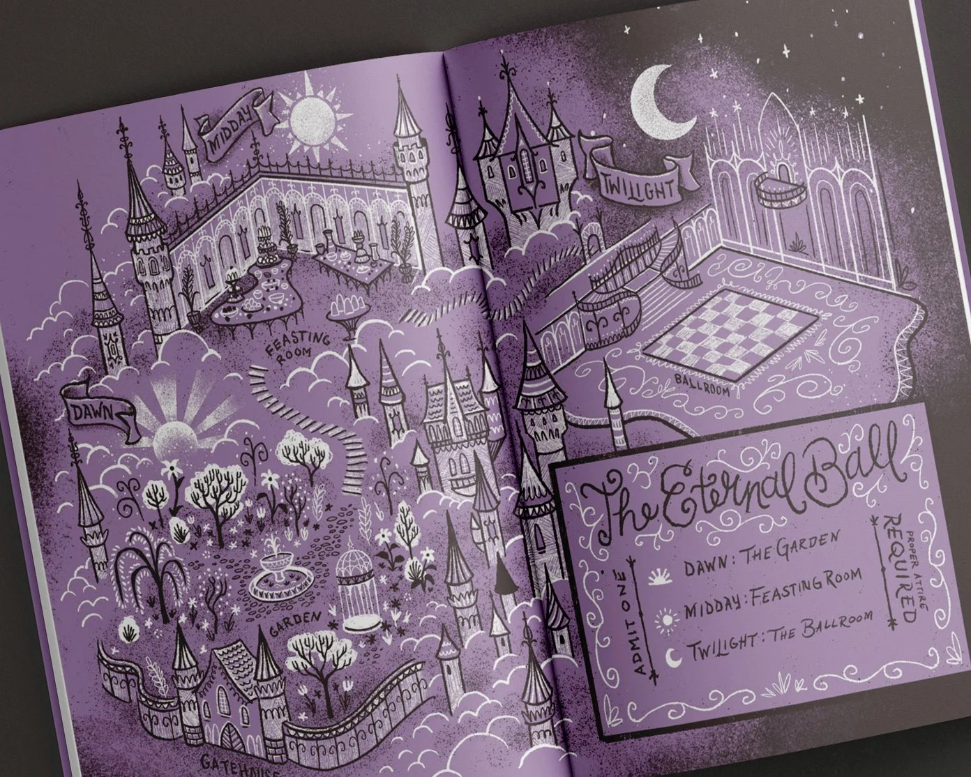Illustrated map of "The Eternal Ball" from Sweet Revenge. Depicts the fairy realm with various labeled rooms and areas: Dawn, Twilight, Feast Room, Garden, Ballroom, and Gateway, all in a whimsical, purple-toned style.