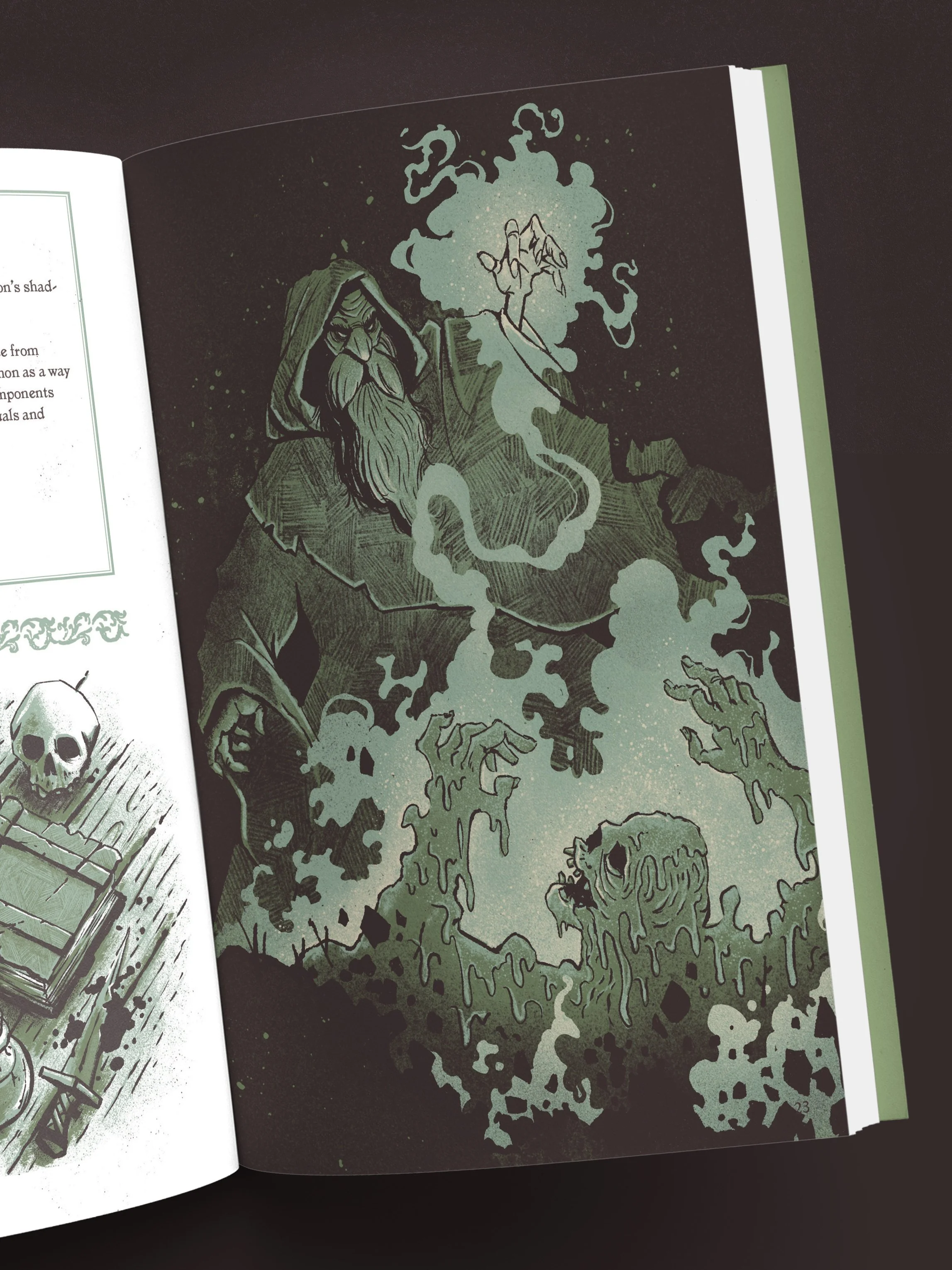 A dark fantasy illustration featuring a wizard with a long beard and hood, conjuring magical smoke that forms faces and hands, with a background of a skull and mystical elements.