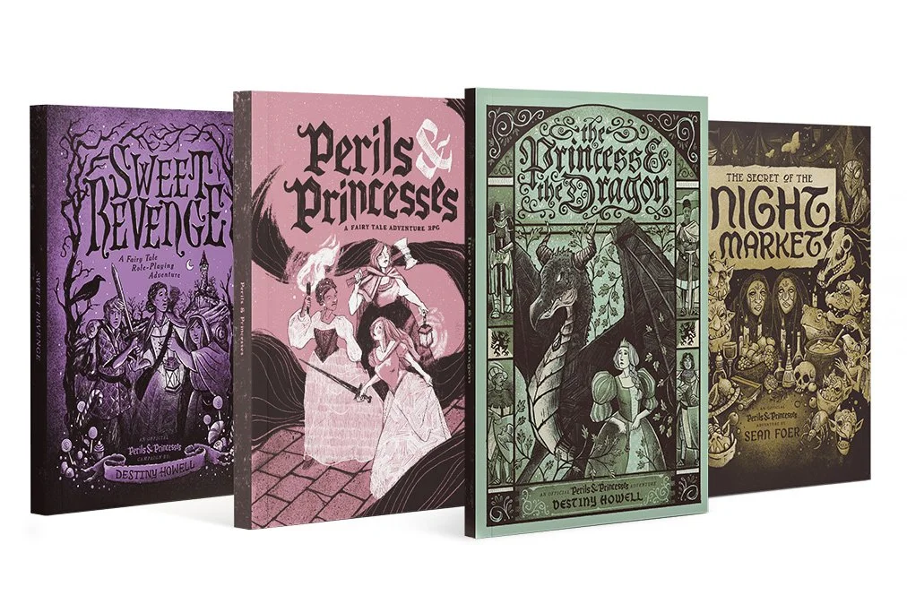 Four illustrated fantasy book covers featuring witches, princesses, dragons, and mystical creatures arranged side by side.
