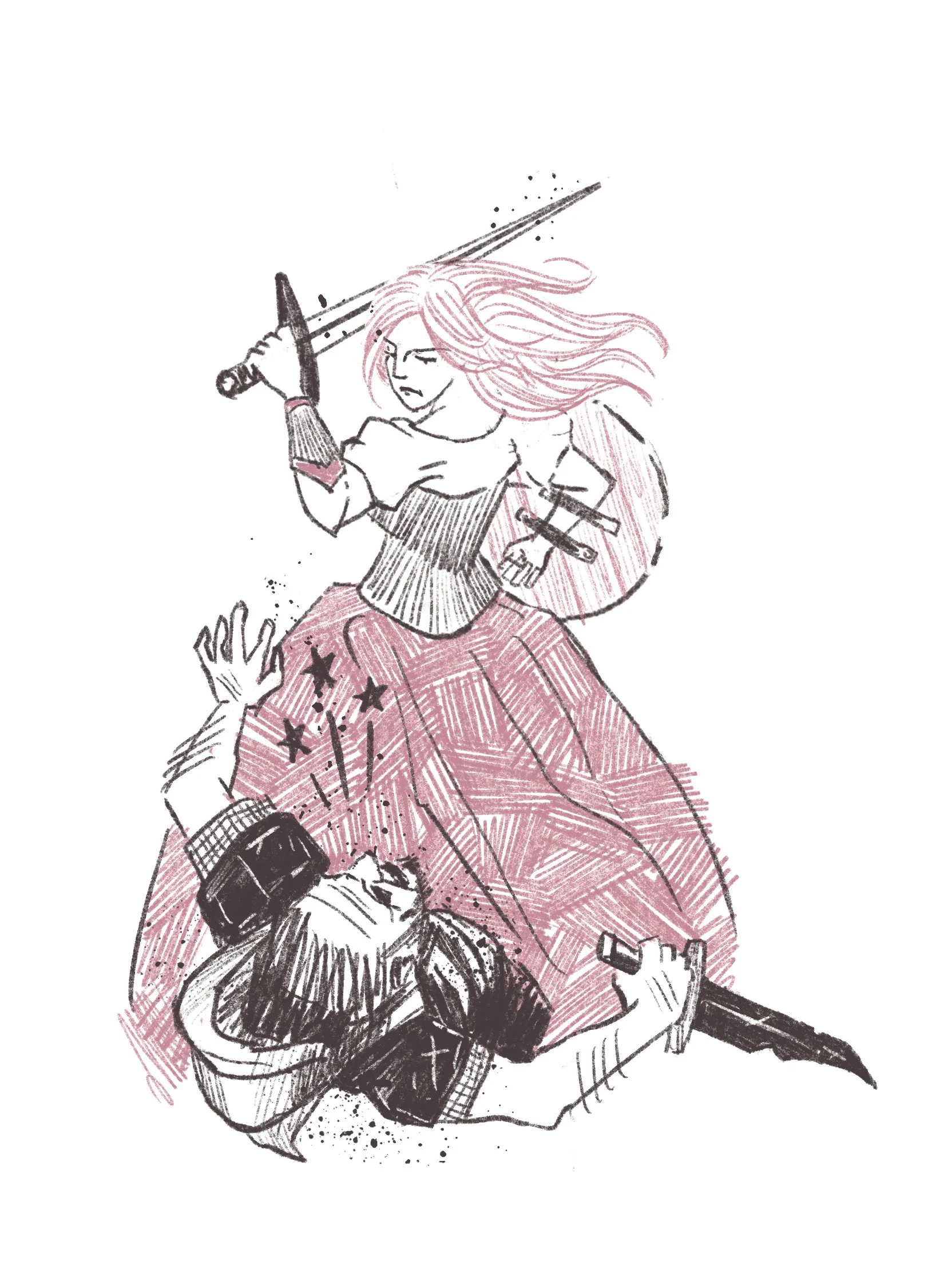 Illustration of a princess in battle. She has just hit her foe who is toppling over in the foreground.