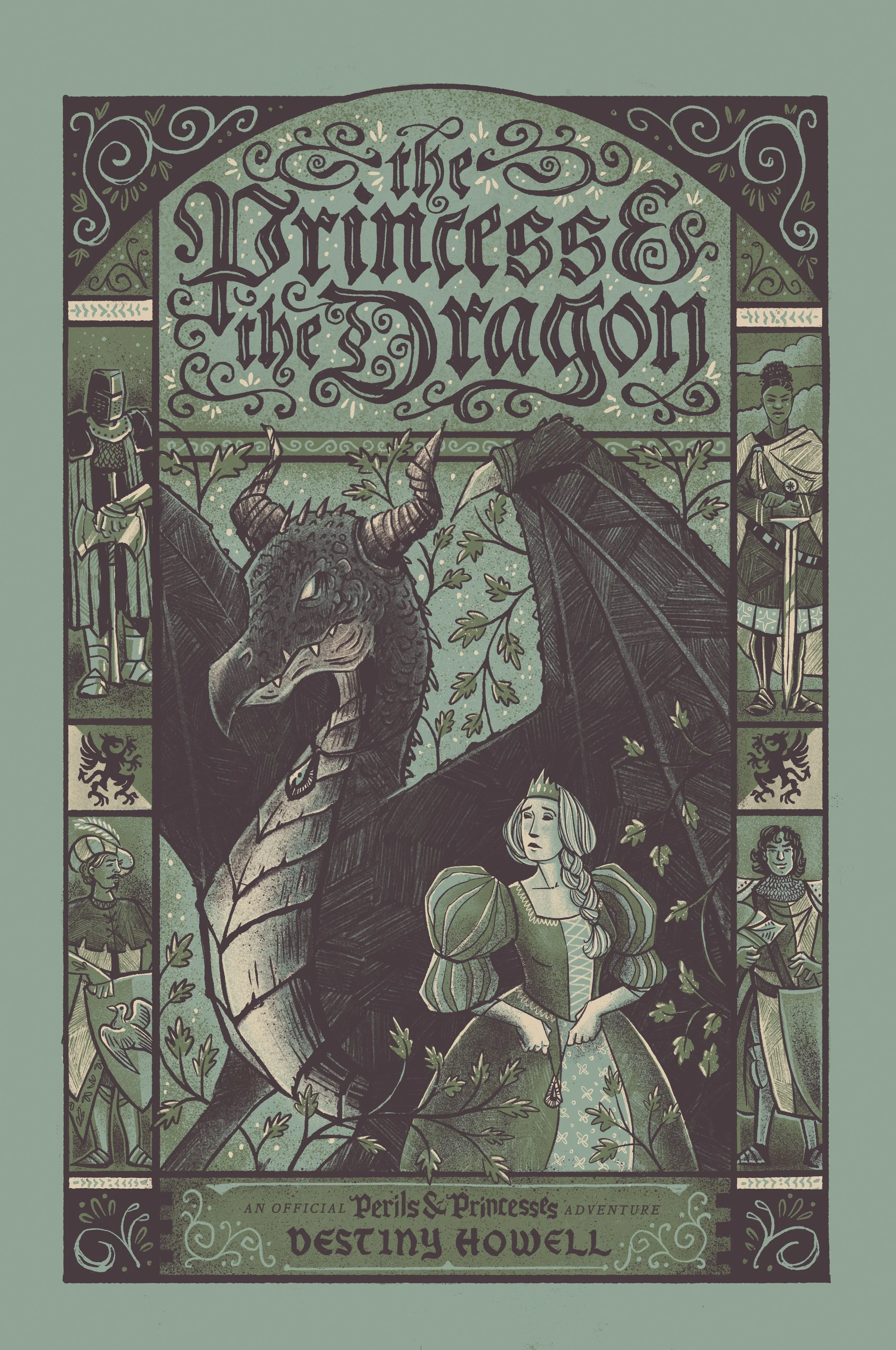 Illustration for 'Peril & Princesses,' featuring a dragon with sharp teeth and curled horns, surrounded by fantasy-style female characters in medieval clothing, with ornate decorative elements and the title 'Nestled Hollow' at the bottom.