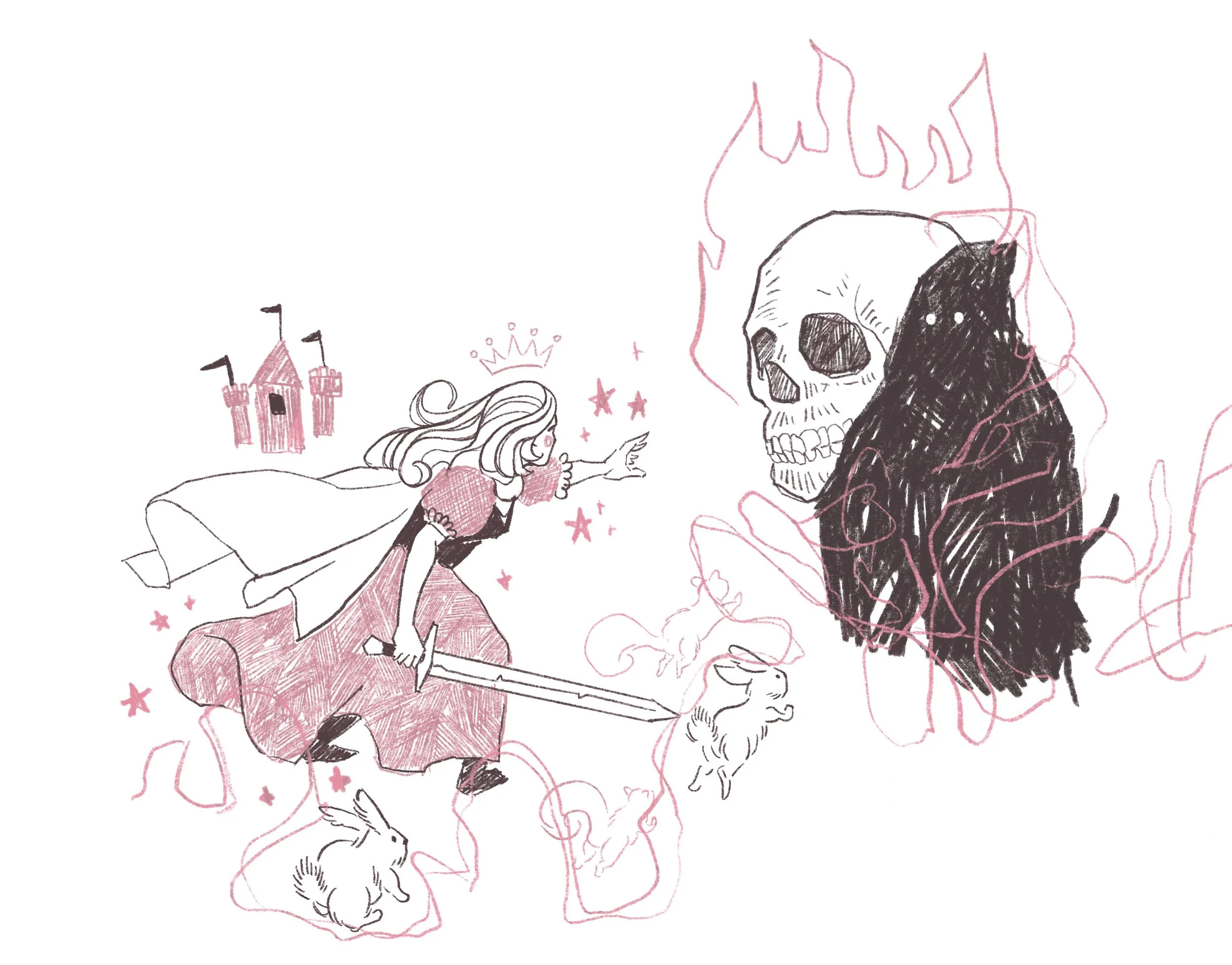 A hand-drawn illustration featuring a princess with a crown, a unicorn, and a castle in a whimsical style with pink and black lines.