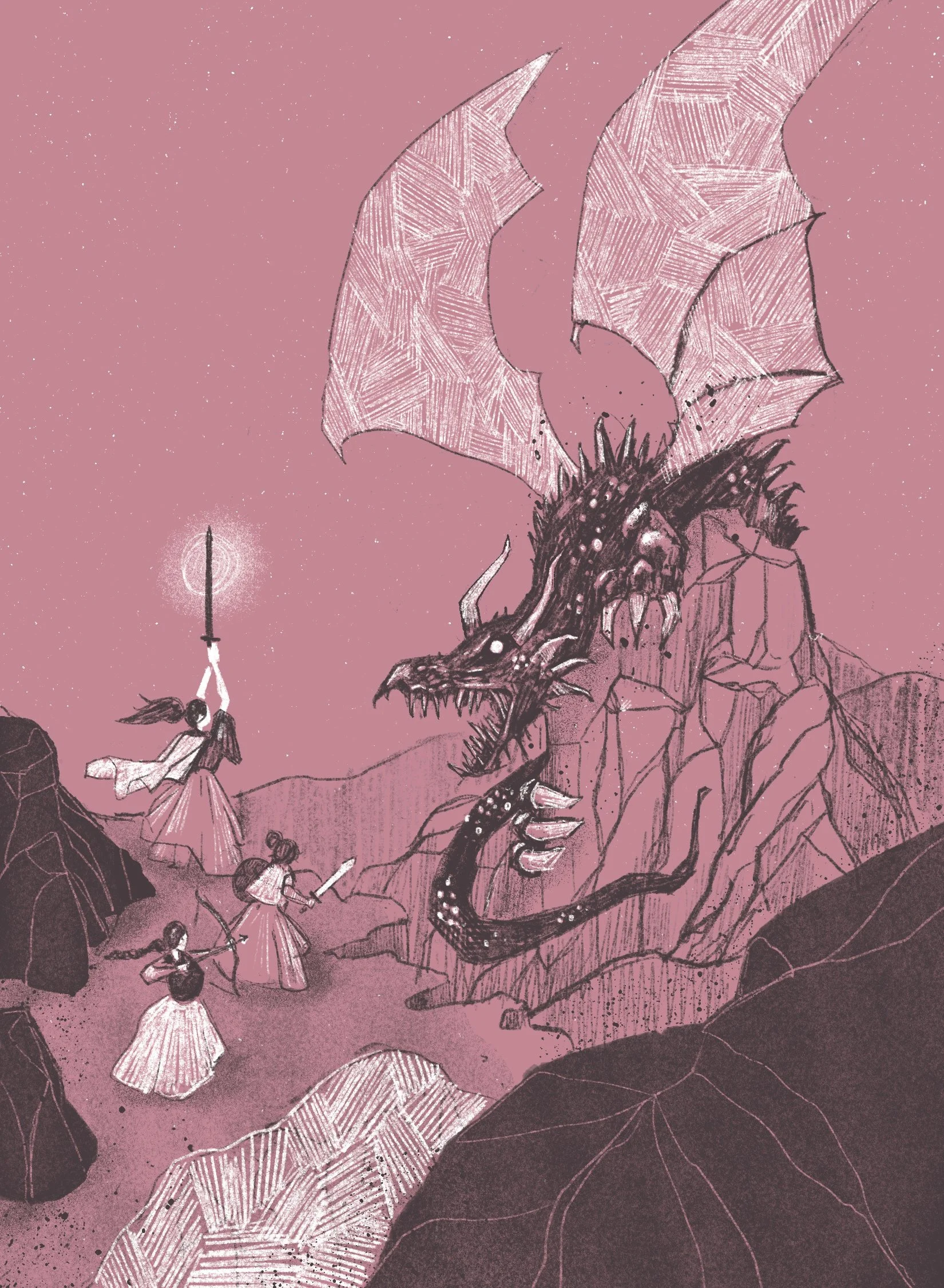 Illustration of a person in a pink dress holding a sword. Her and and companions are fighting a large dragon with wings, horns, and sharp teeth against a pink background.